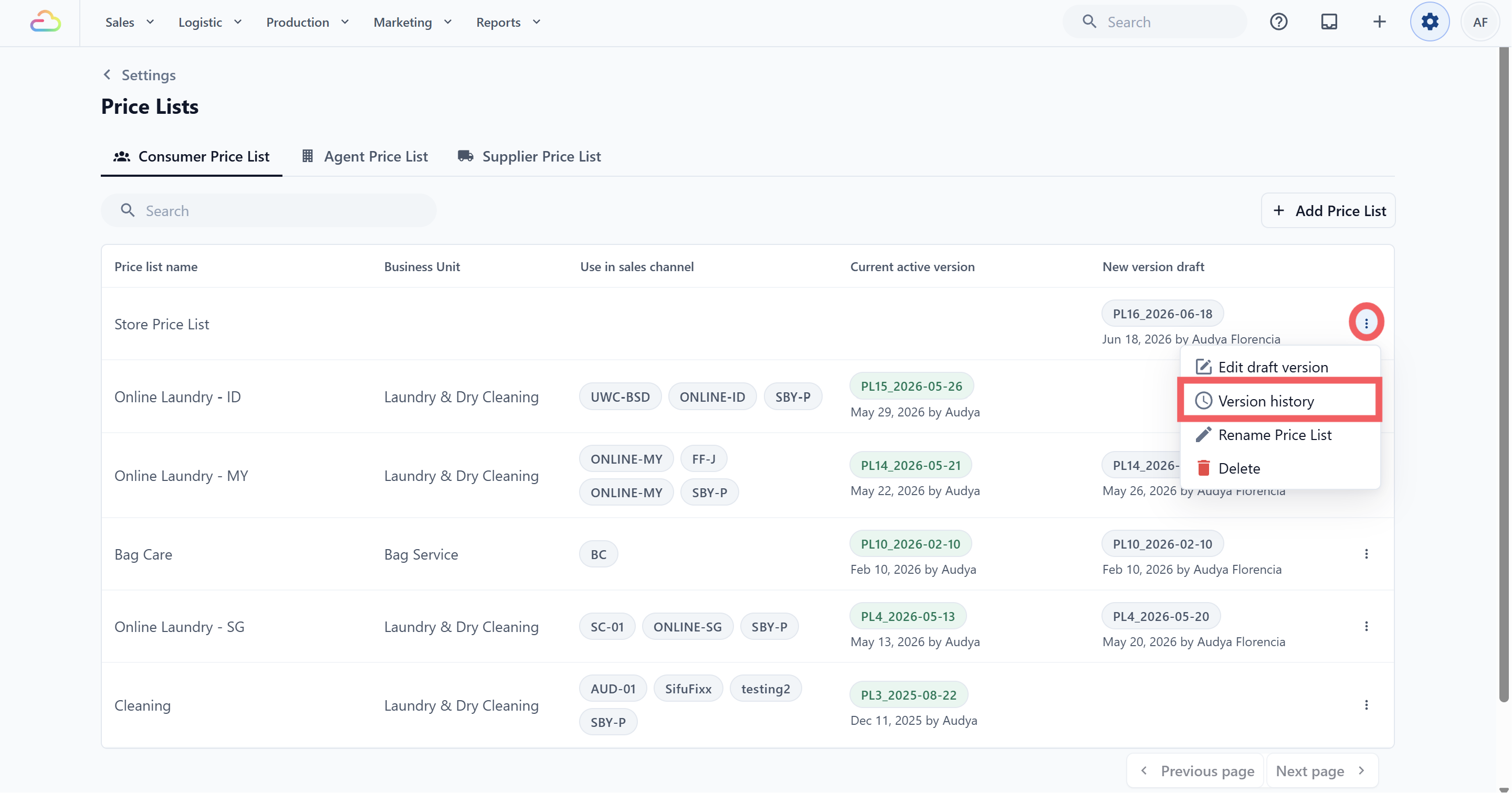 In the price list row, click the ••• three-dot menu and pick Version history.