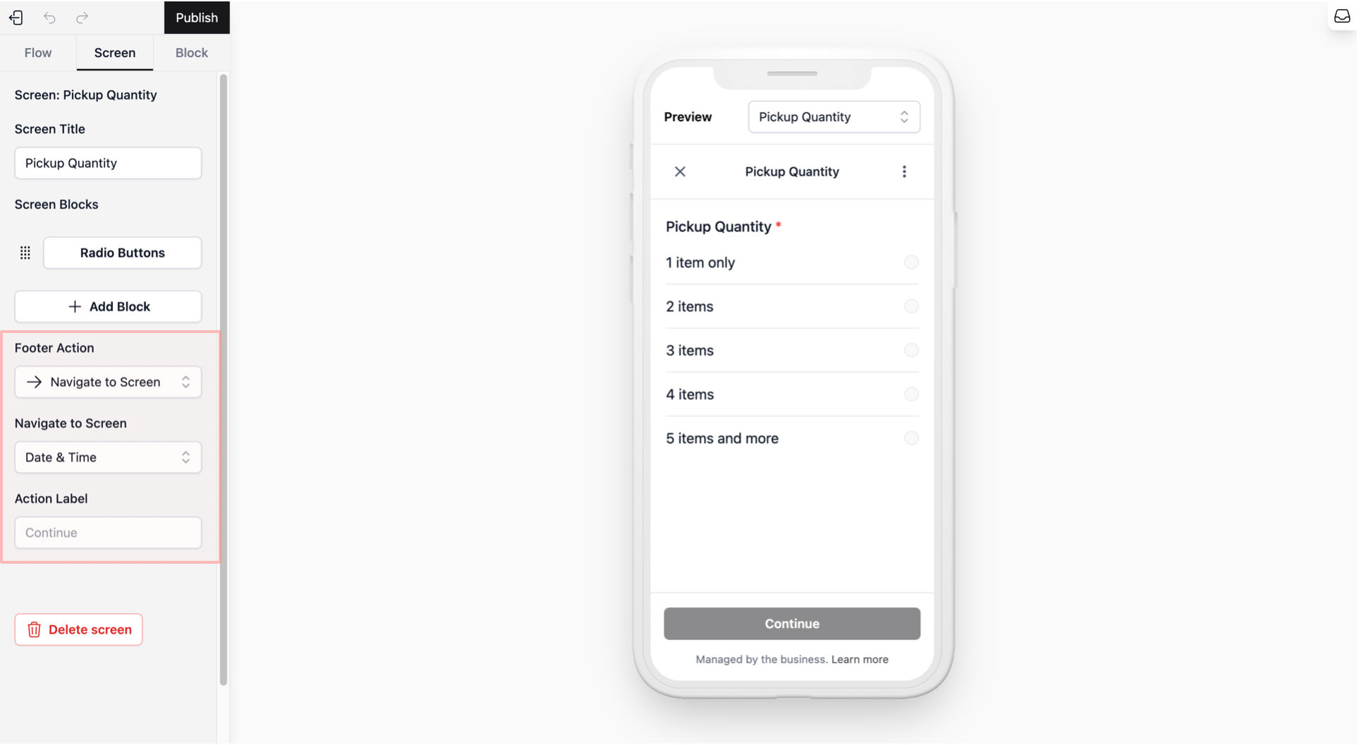 Action Label: You can leave it as "Continue." or use what you have been using so far to progress to the next screen.