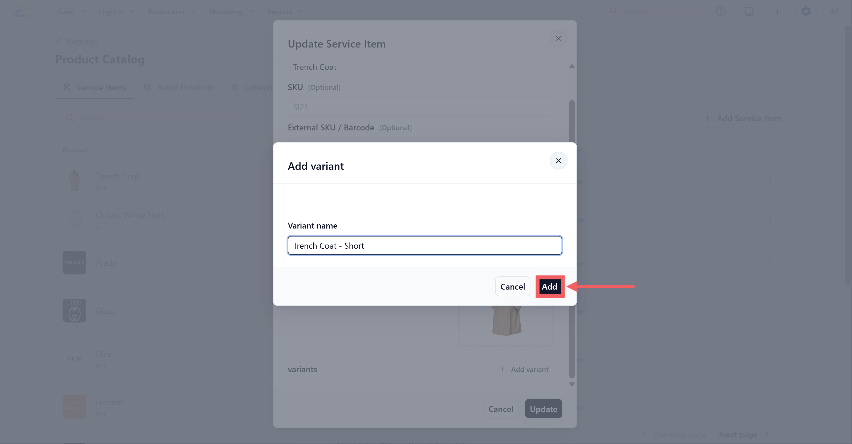 Type the variant name, and click Add.