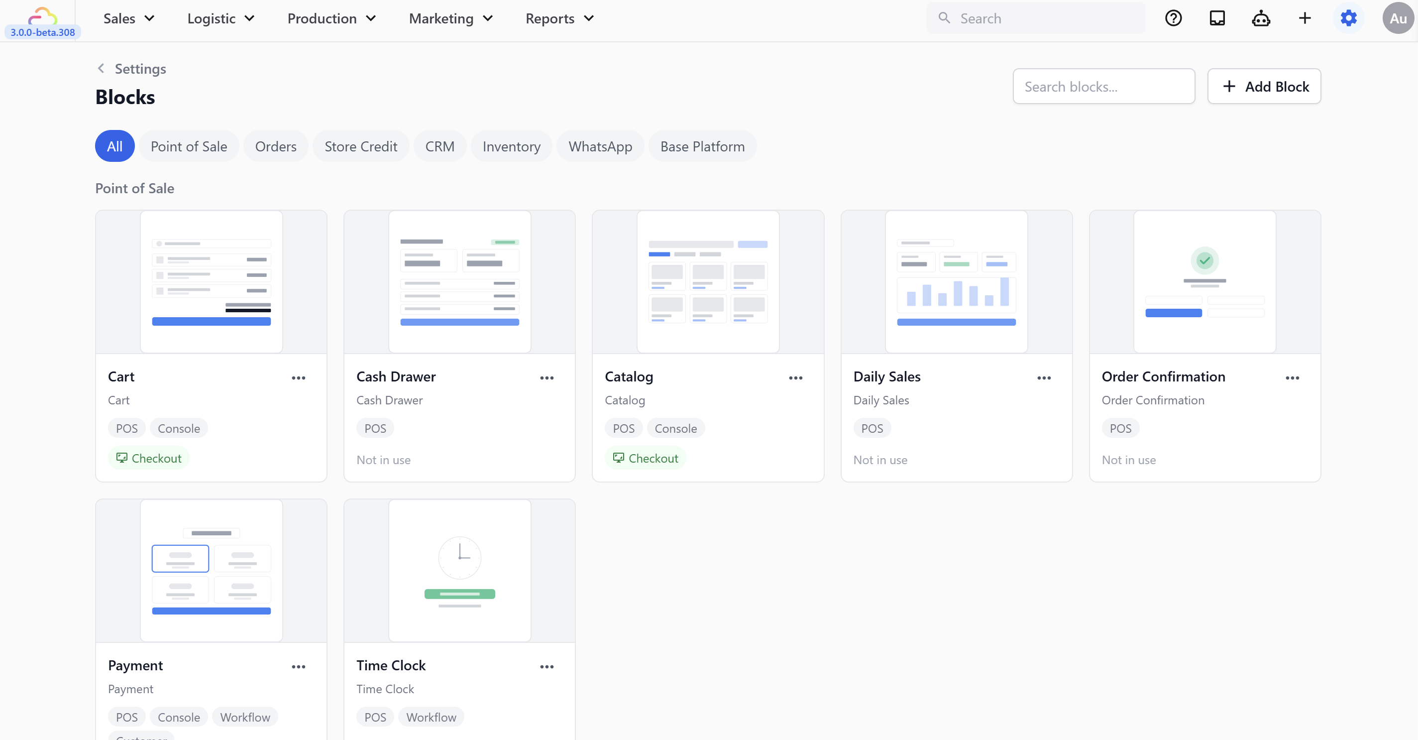 You configure your blocks by going to Settings → App Studio → Blocks and clicking the POS tab.