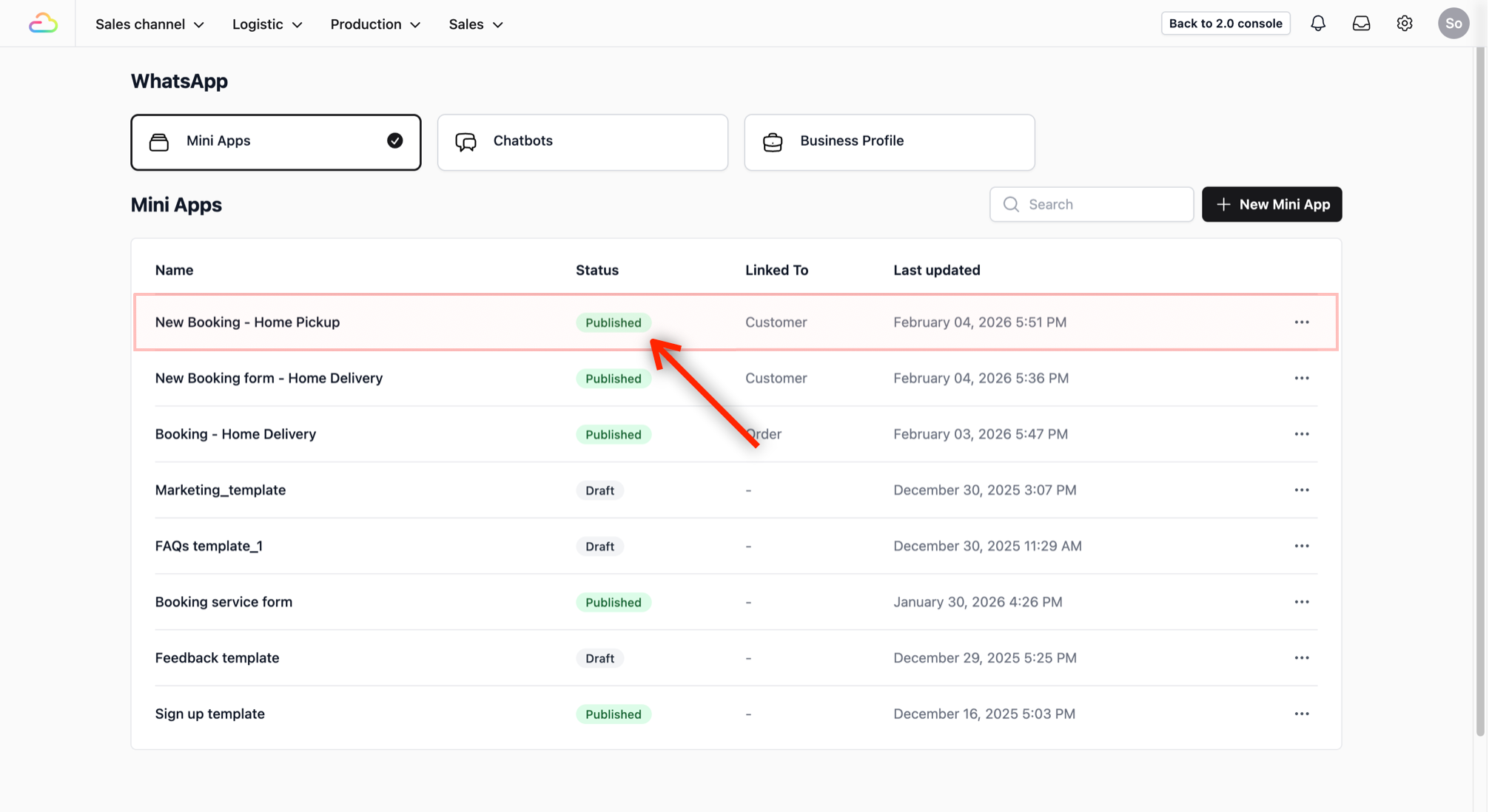 Look for your Mini App in the list. You should now see a status that says Published.