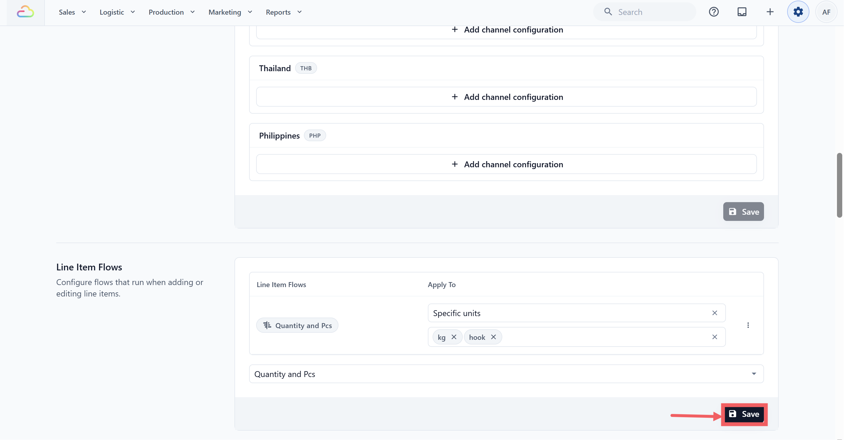 Click Save at the bottom-right of the Line Item Flows section.