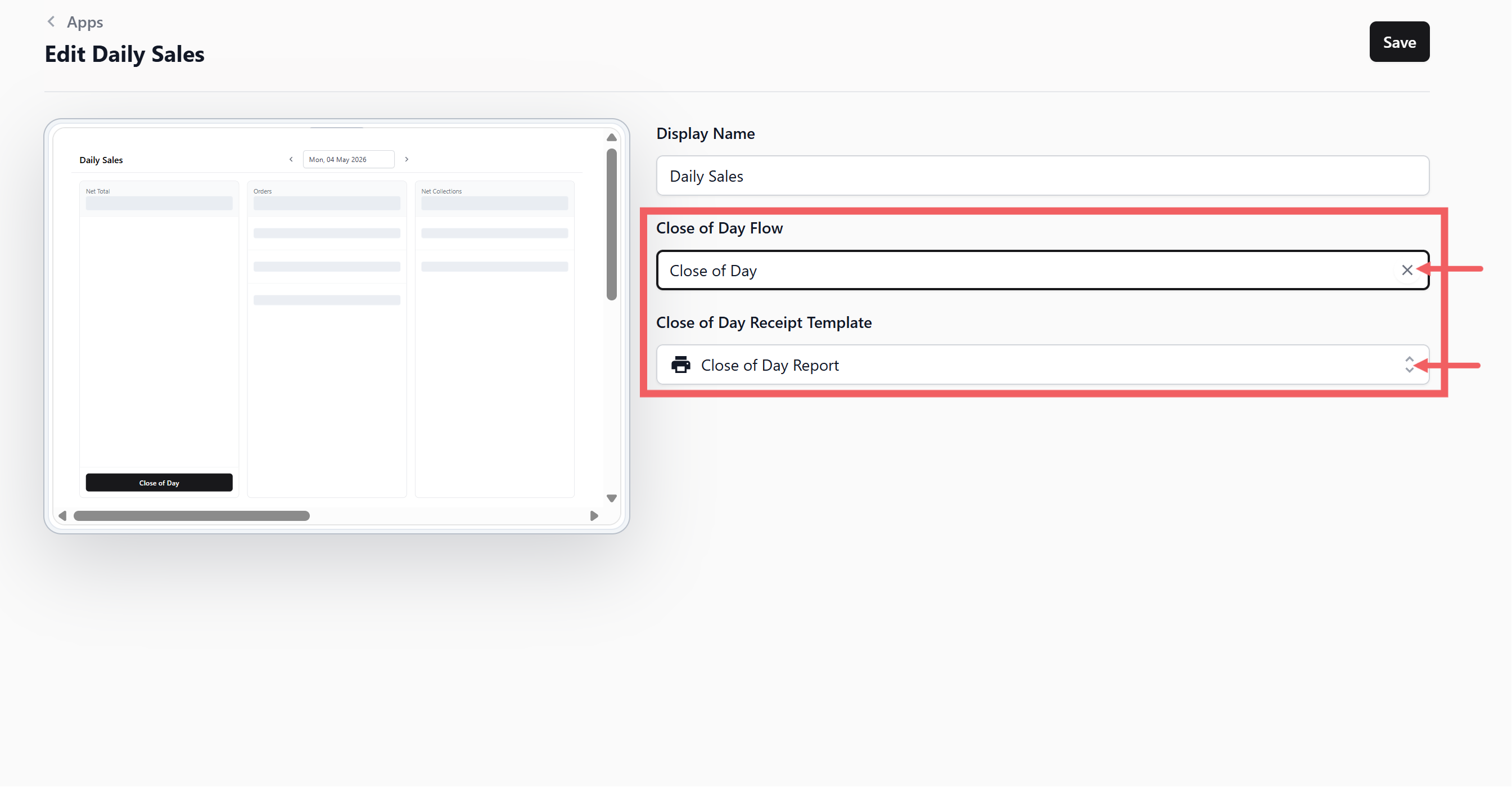 Set the Close of Day Receipt Template to the receipt template you published earlier.