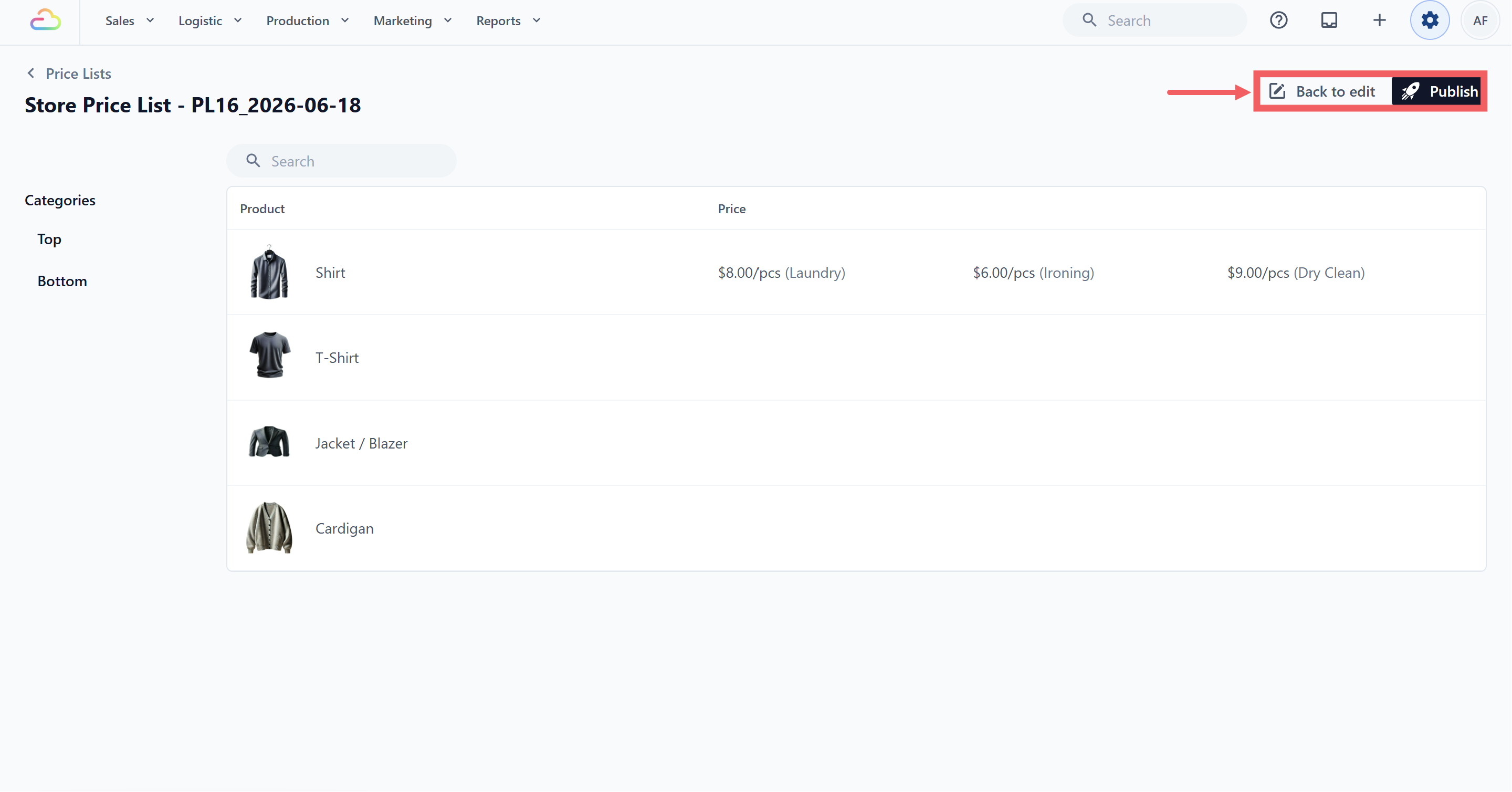 The page switches to a read-only customer-style view, with categories on the left and prices on the right.