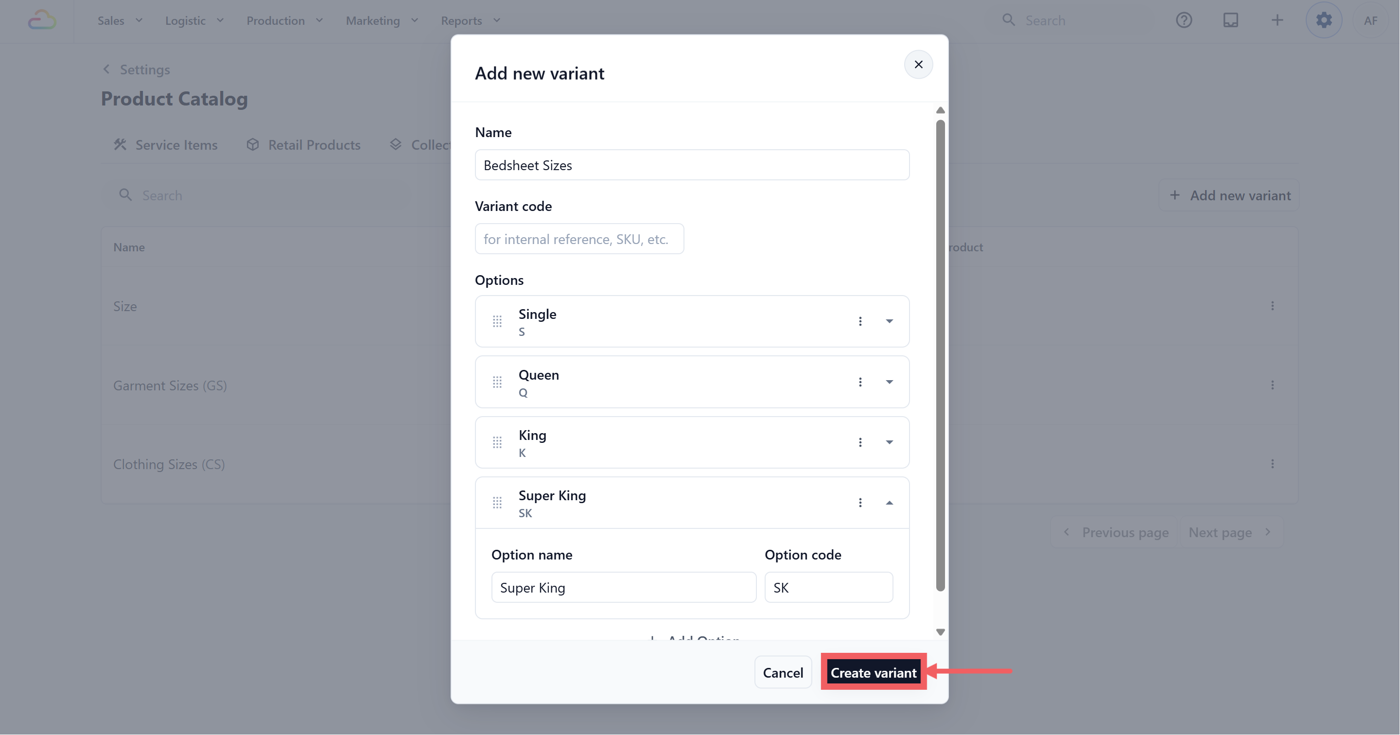 When the set is ready, click Create variant at the bottom of the dialog.