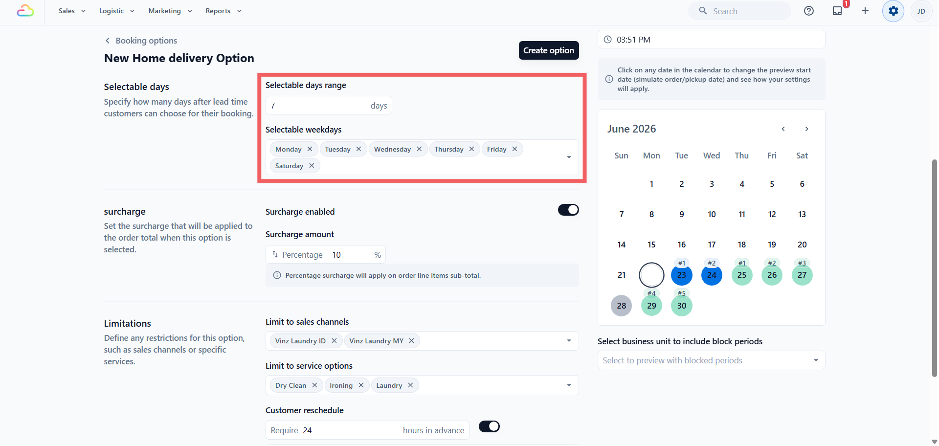 This controls how far ahead customers can choose, after lead time is applied.