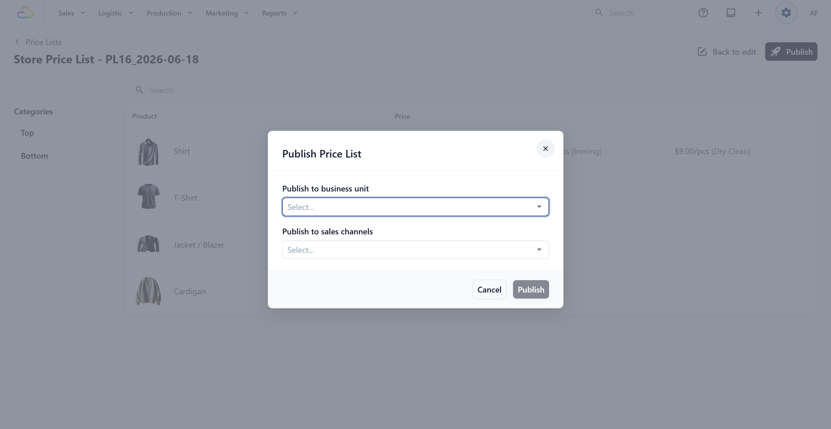 Clicking Publish opens the Publish Price List dialog. This is where you decide which part of your business uses this price list.