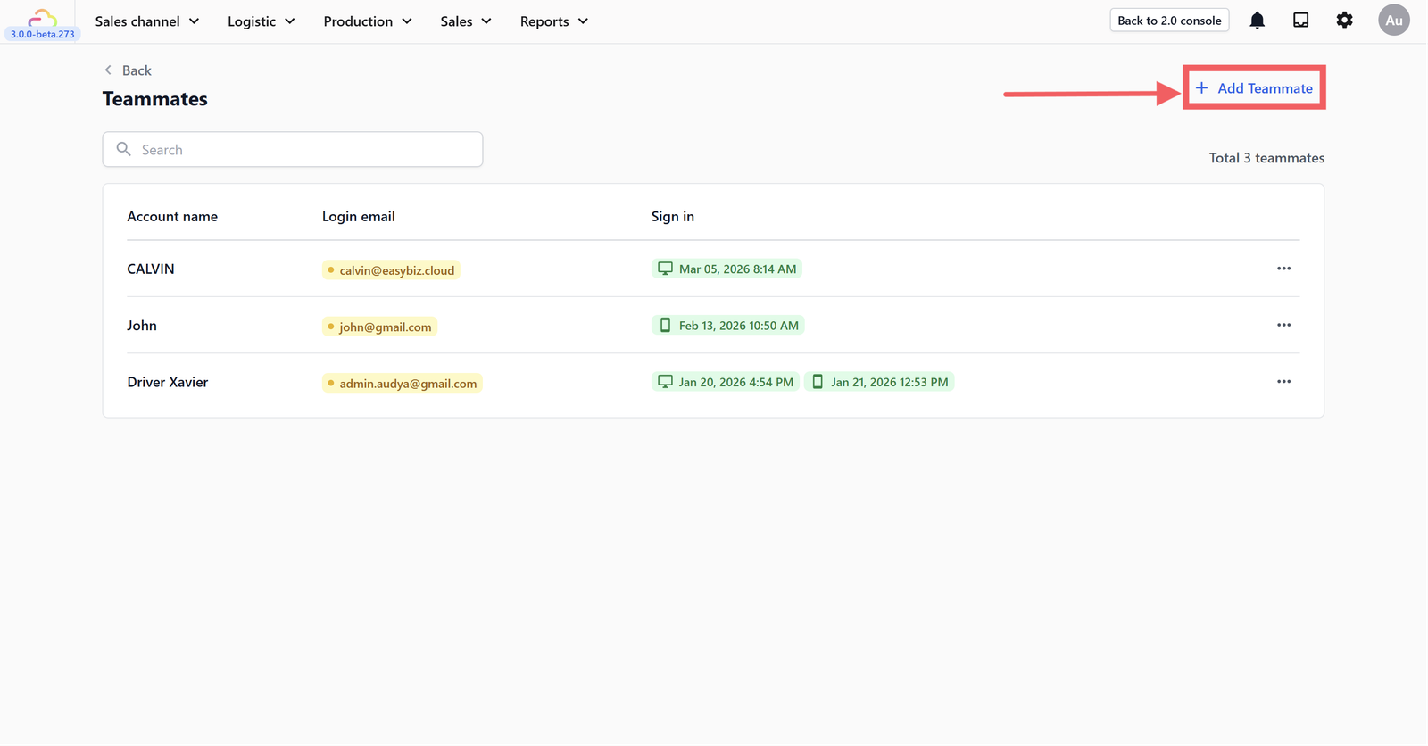 On the Teammates page, click + Add Teammate in the top right.