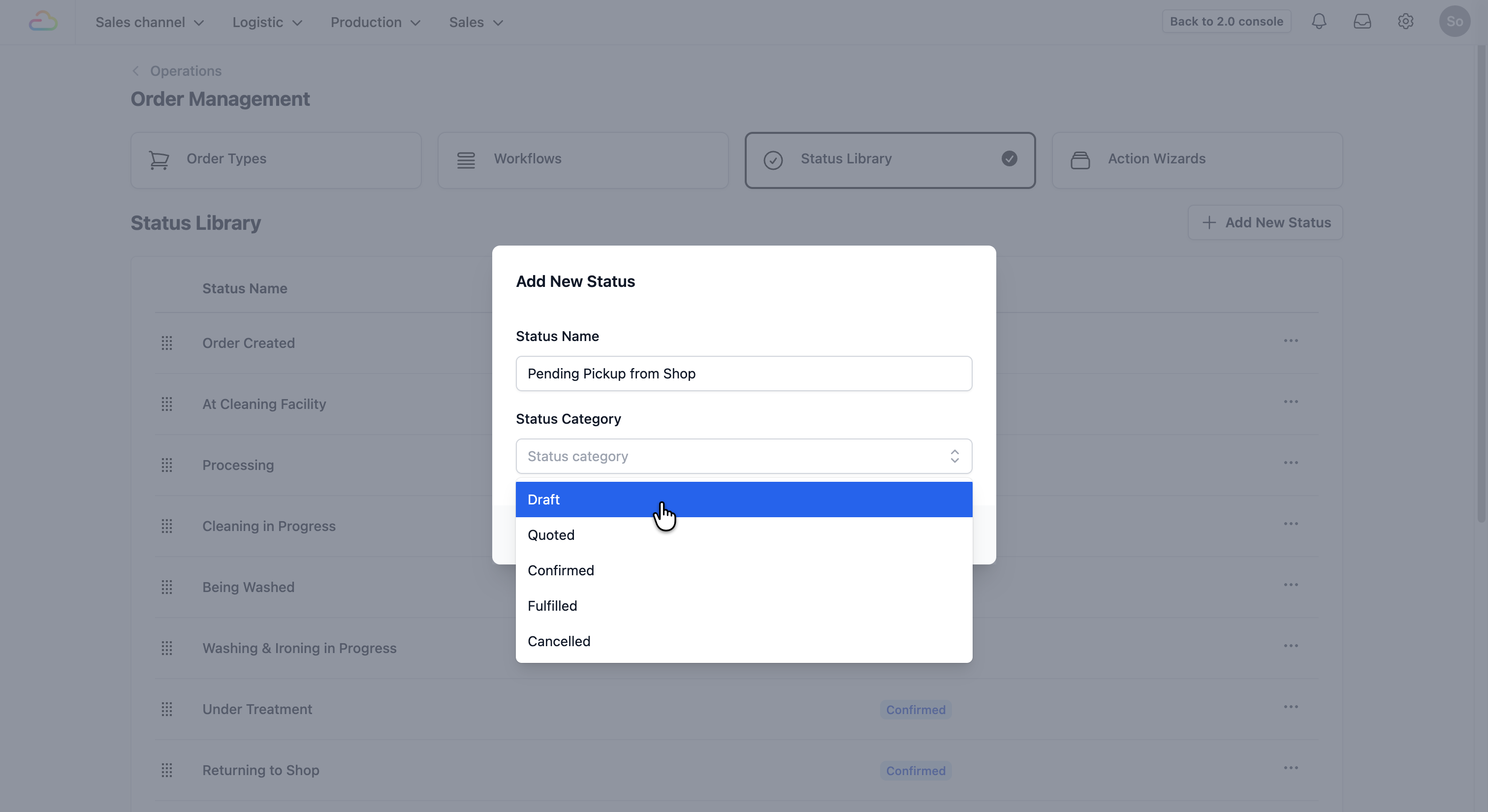 The Status Library is where you define the individual stages an order can be in. These are the milestones that tell you where an order is at — such as "Order Created," "Pending Pickup," or "Quote Sent."