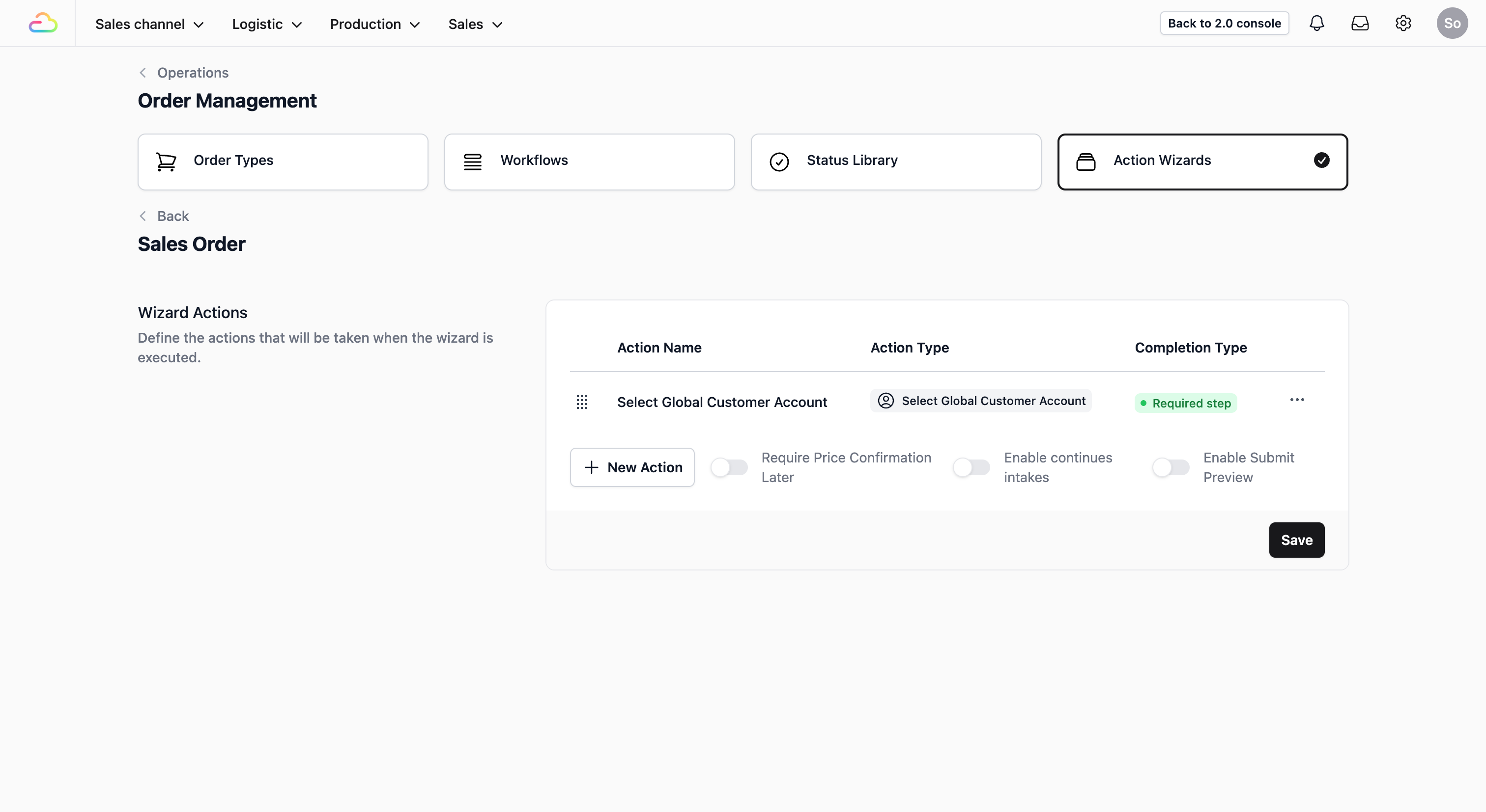 The new action should now show up in the table view of the Wizard Actions section.