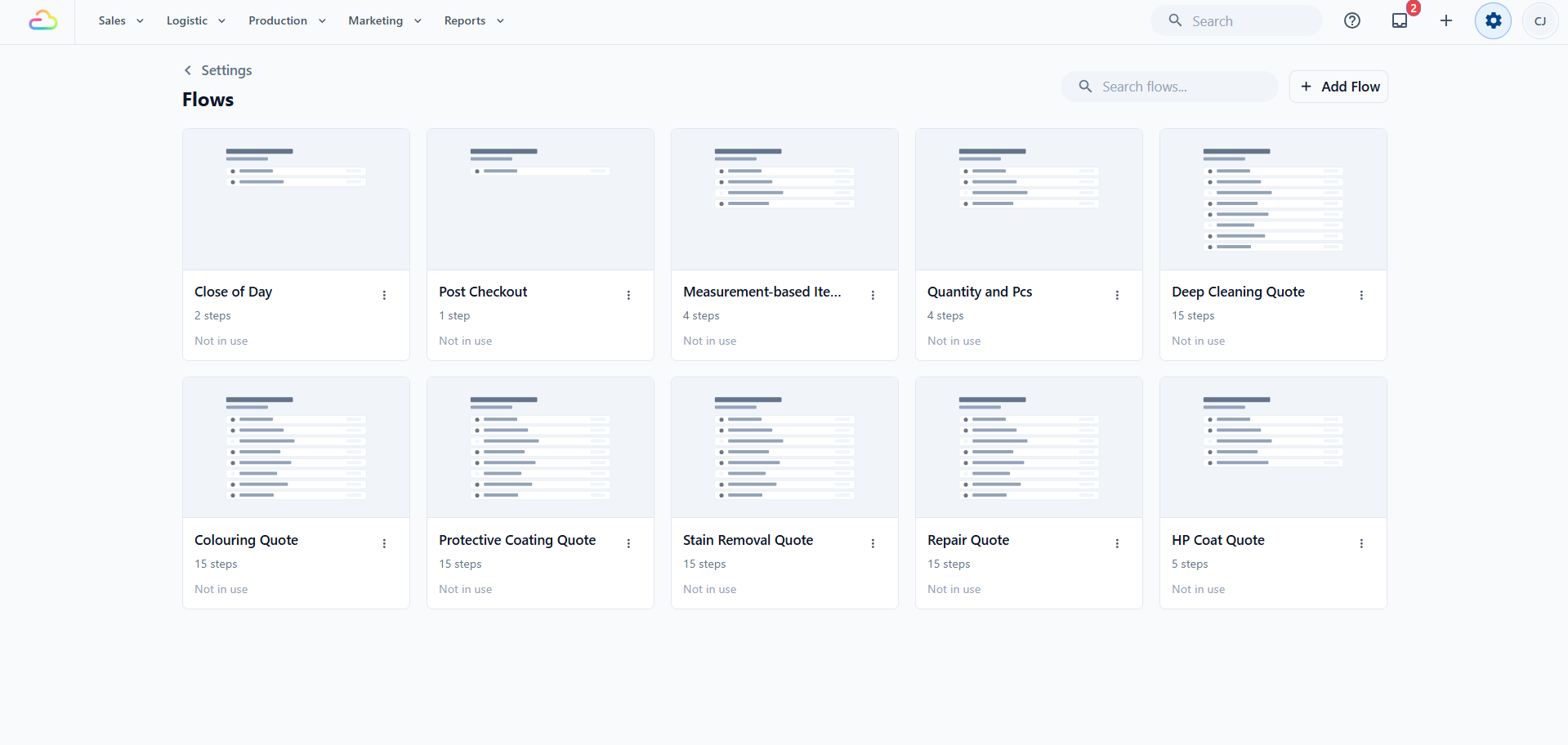 This page lists every flow in your account. Each card shows the flow name, the number of steps, and whether the flow is in use. Use the search bar at the top to filter the list, and use Add Flow to create a new one.