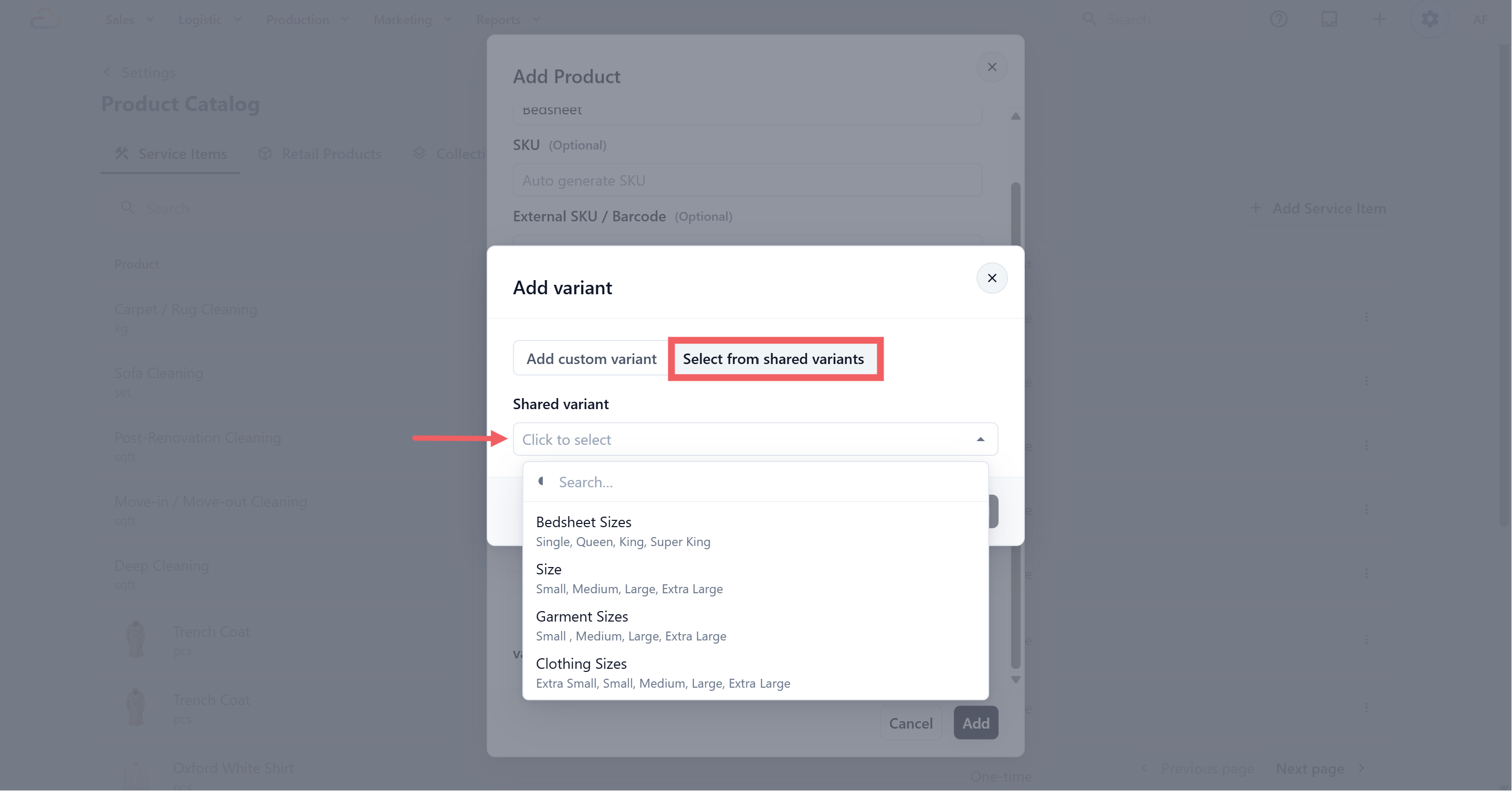 When you click + Add variant on a service item, choose Select from shared variants to apply a saved set.