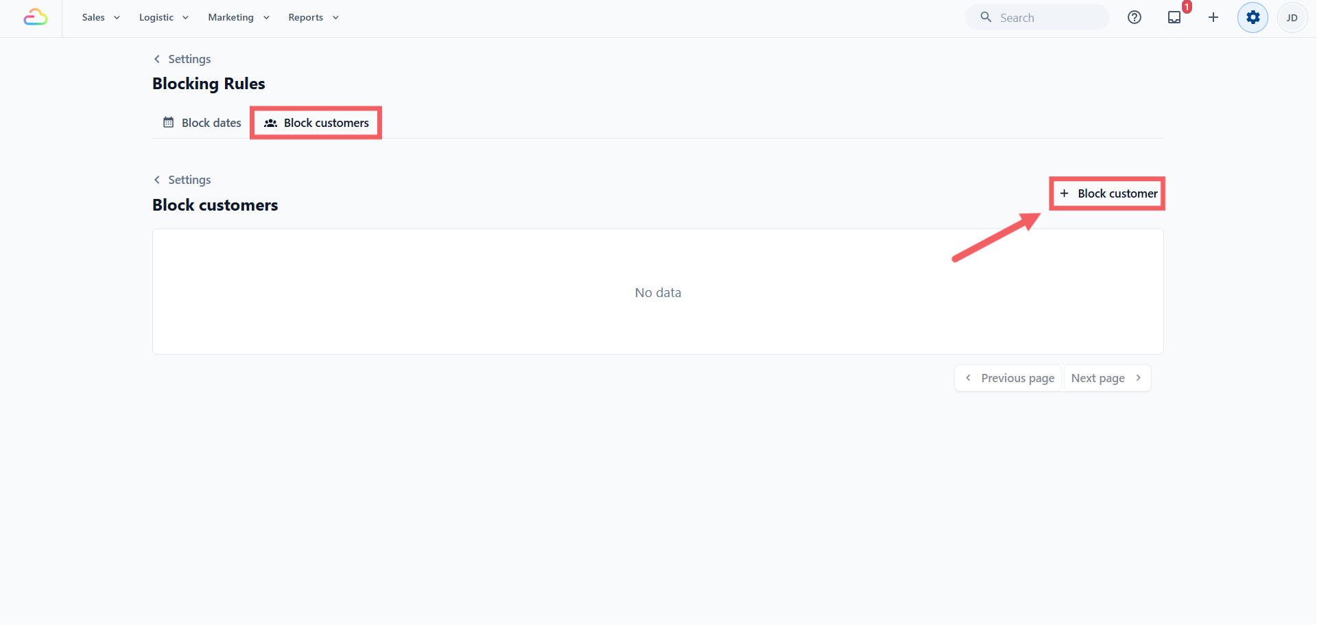 Click + Block customer at the top right to open the Add Blocking Rule dialog. Fill in the fields, then click Add.