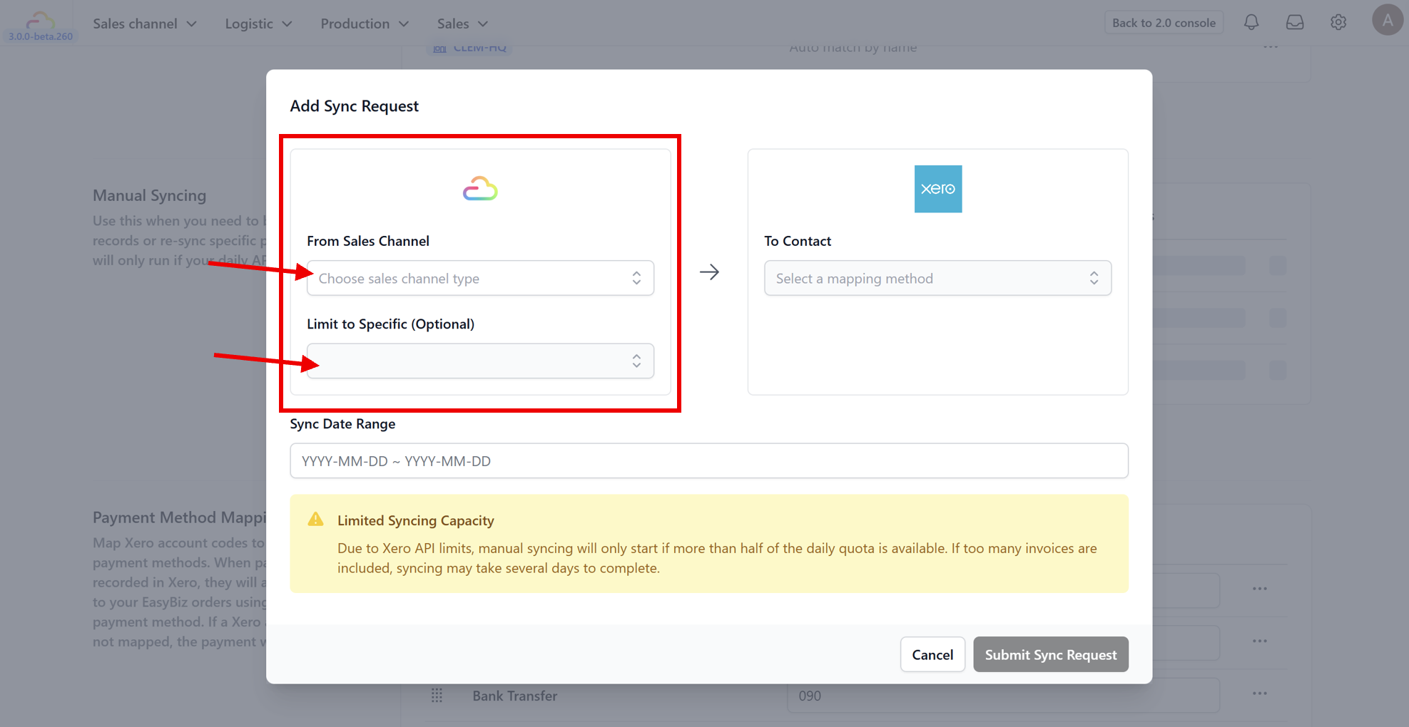 3.  Select the Sales Channel and Location you want to sync.