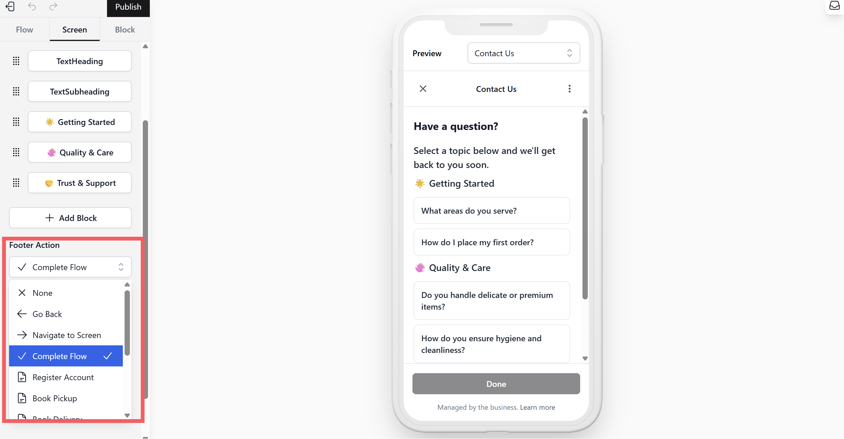 Scroll down to the Footer Action Type setting.