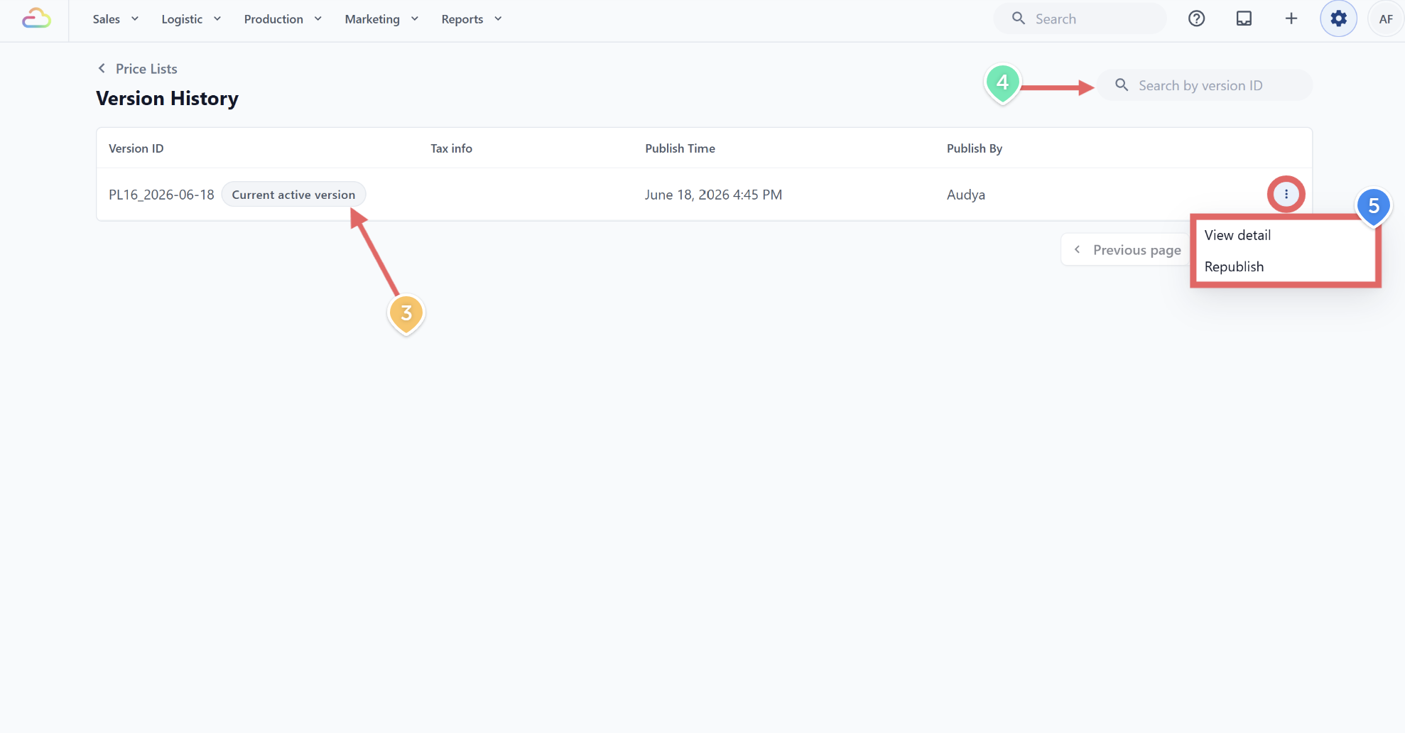 Click the ••• three-dot menu to view details / republish the version.