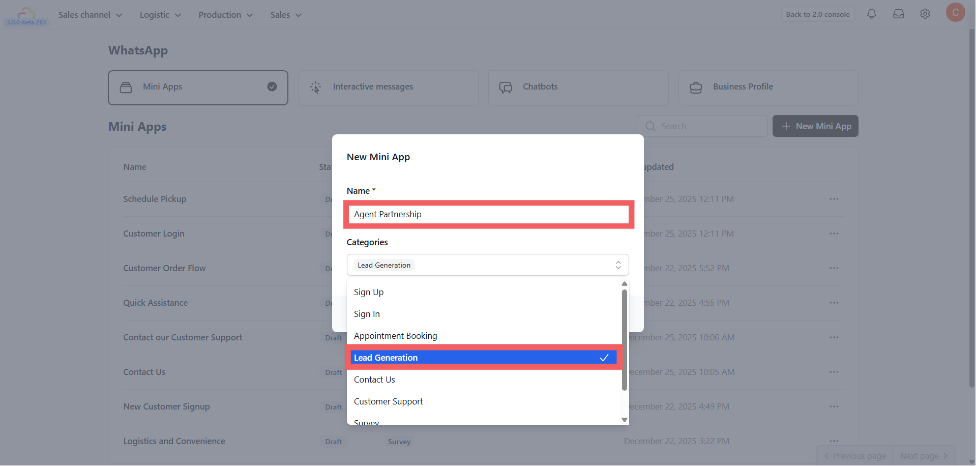 Click the + New Mini App button.