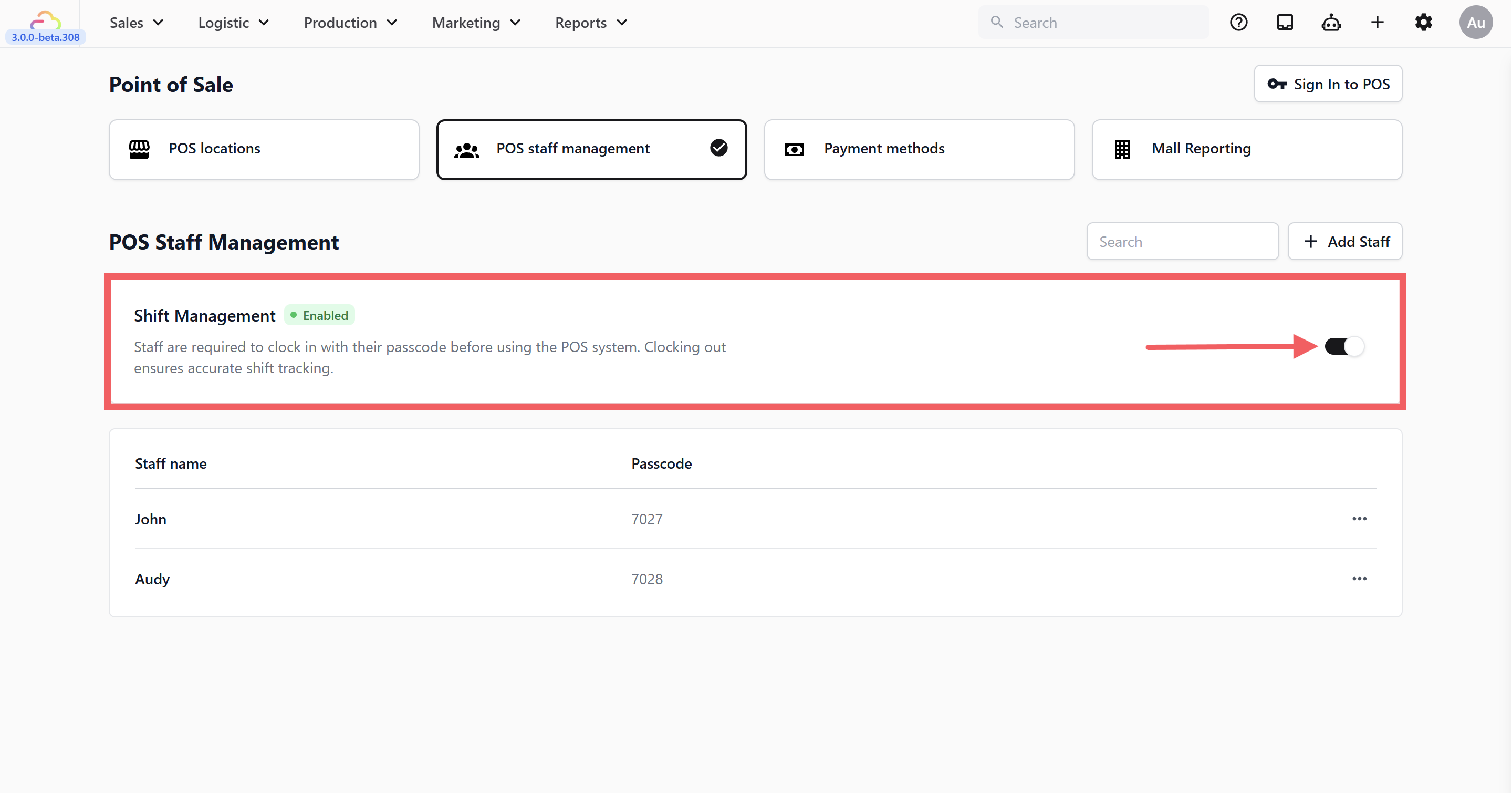 At the top of the POS Staff Management tab, you'll see a Shift Management toggle. By default, it's turned off.