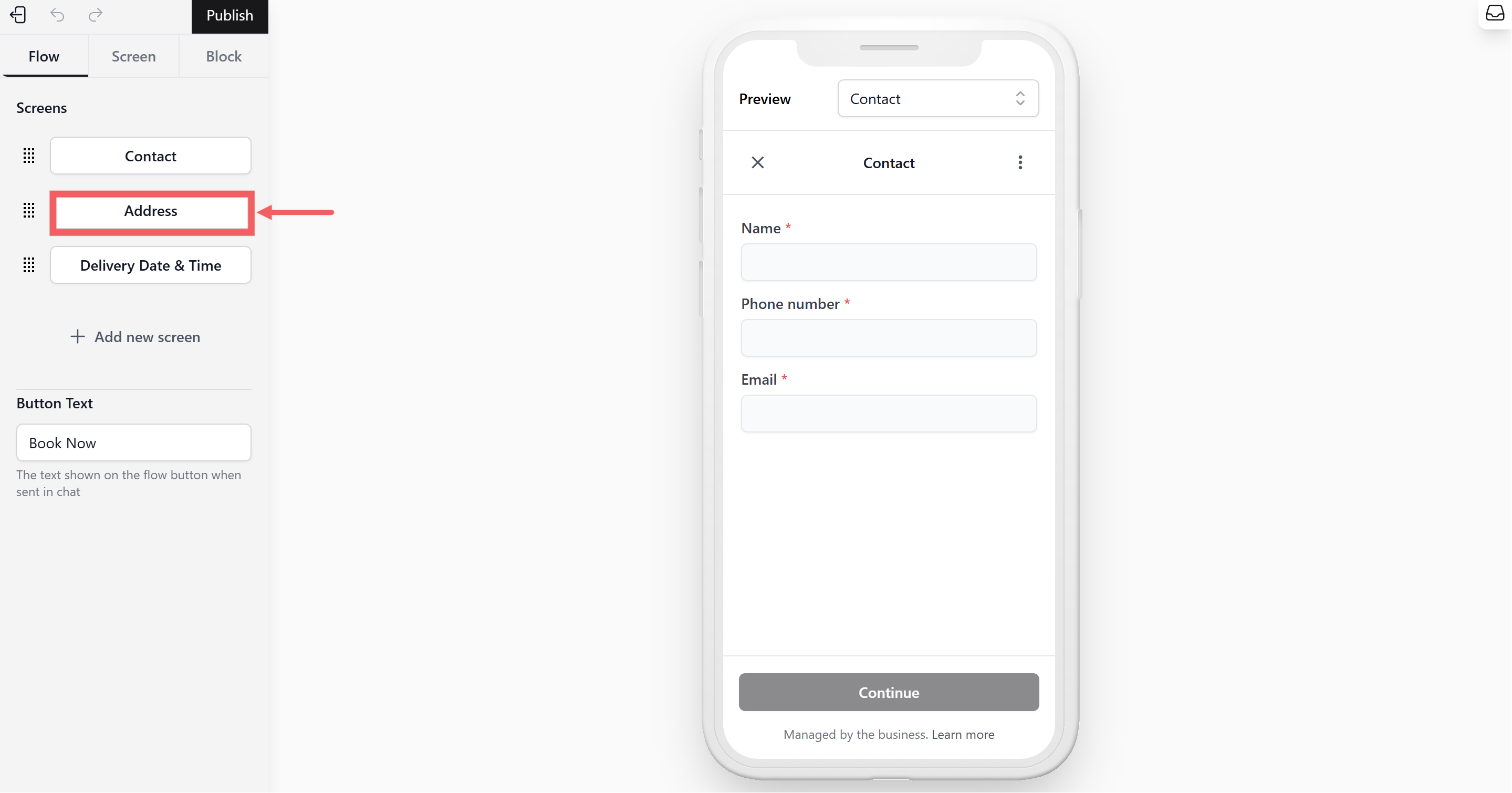 From the Flow Tab, select your Address Screen.