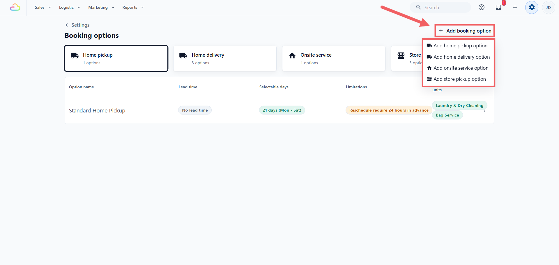 From the dropdown, choose Add home pickup option, Add home delivery option, Add onsite service option, or Add store pickup option.