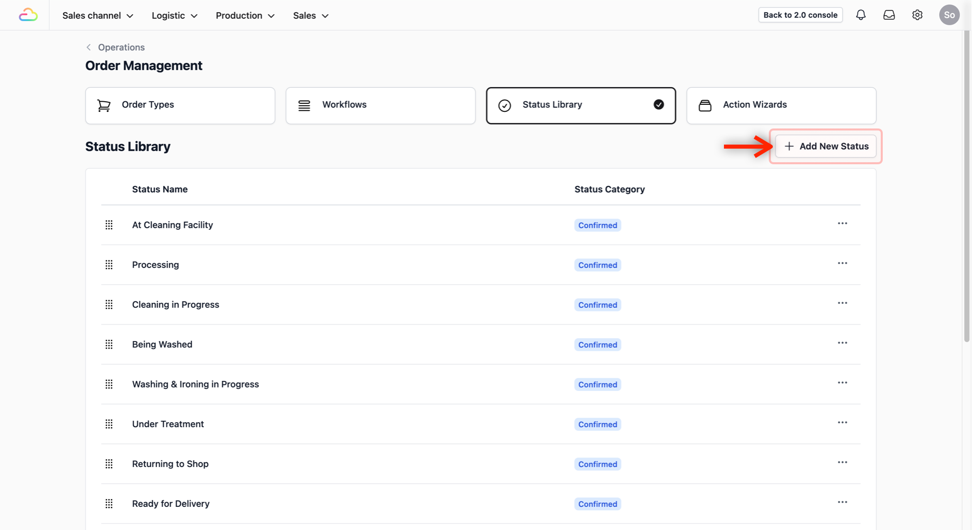 To add a new status to your library, click on the + Add New Status button.