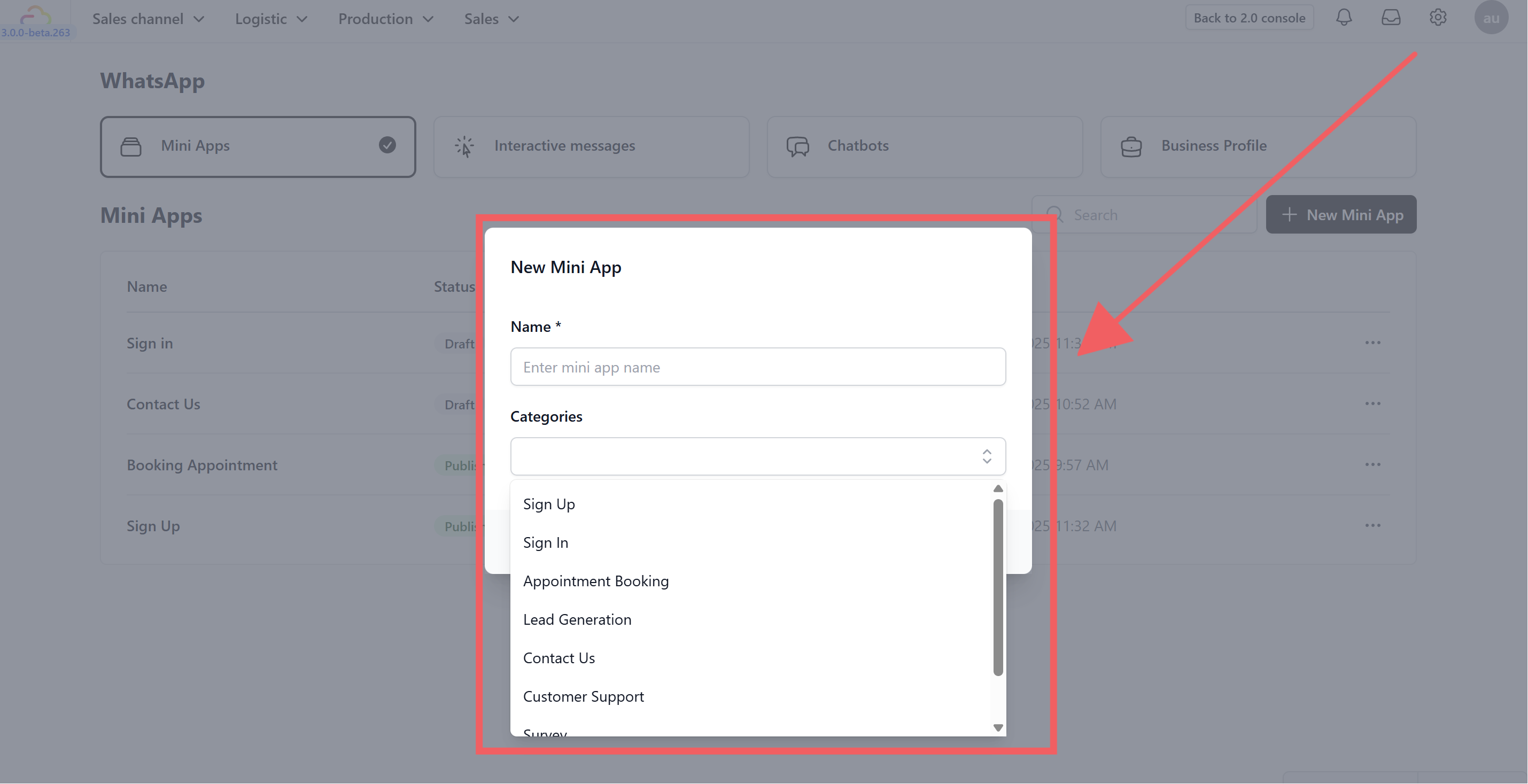 Click the + New Mini App button.