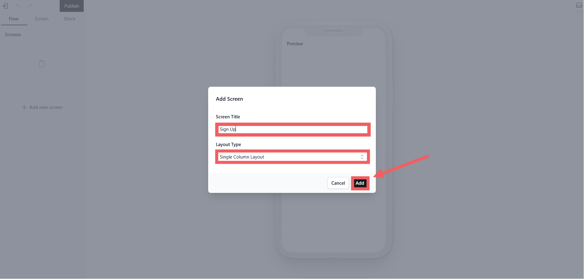 2. To add a page, click + Add New Screen on the left sidebar.