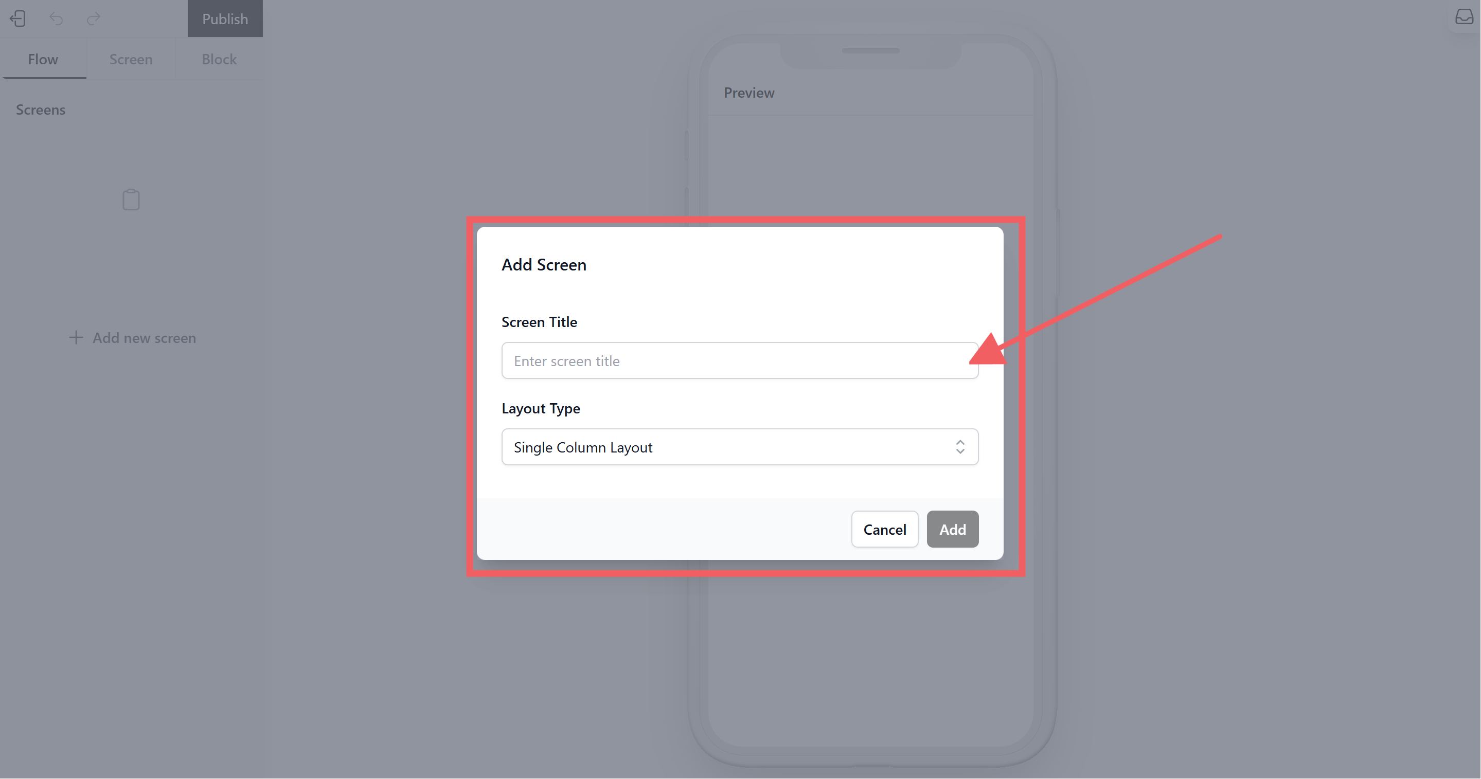 To add a page, click + Add New Screen on the left sidebar.