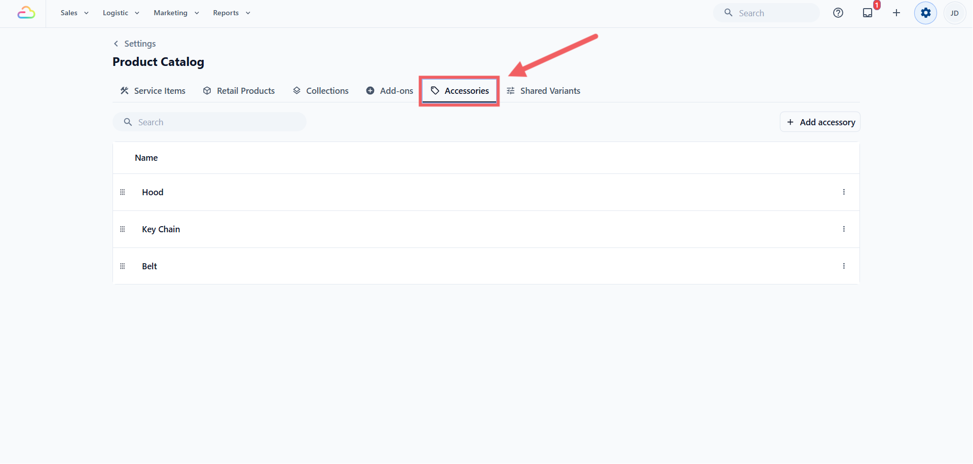 In the Product Catalog tab bar, click Accessories.