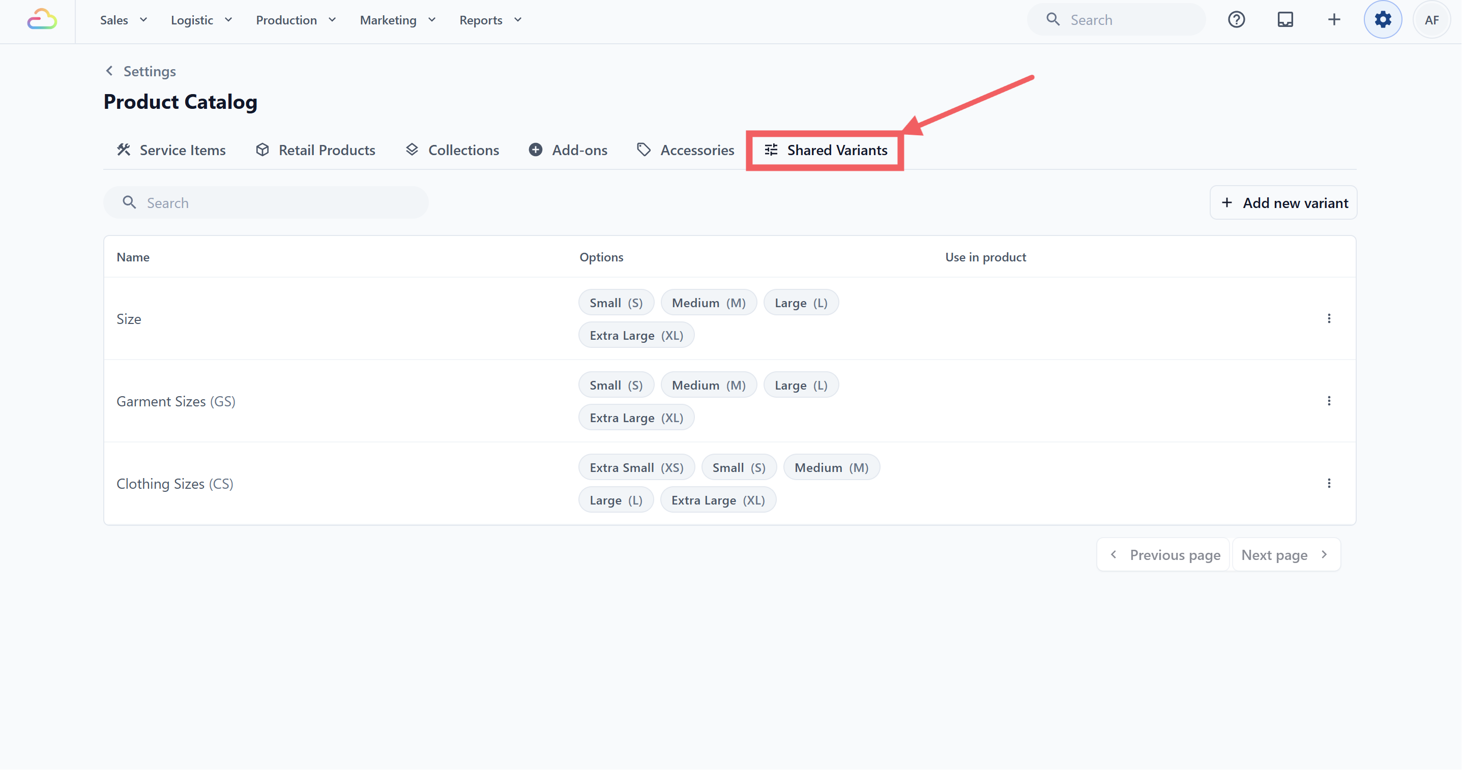 Click the Shared Variants tab.