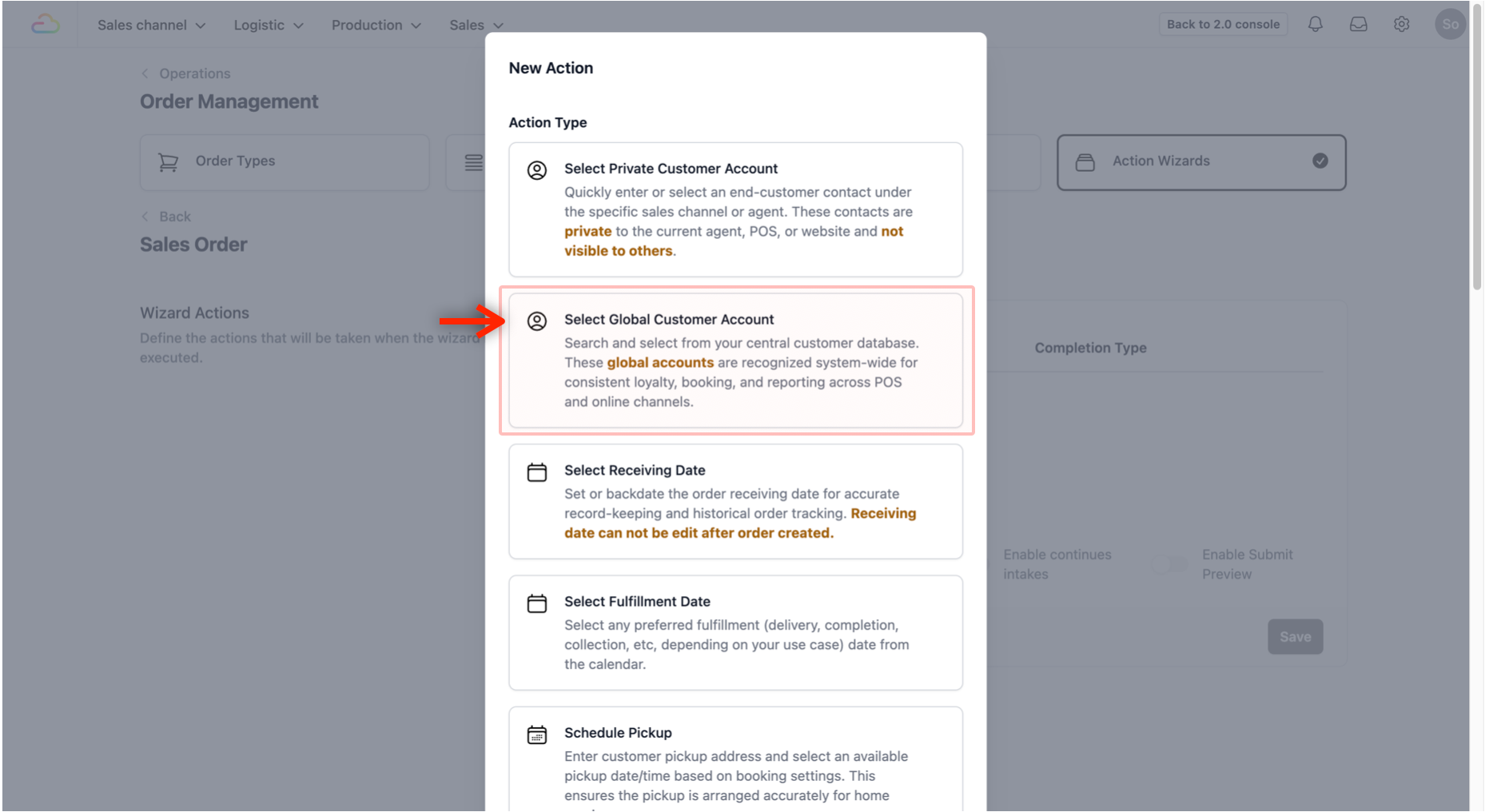 Select the Select Global Customer Account Action type.