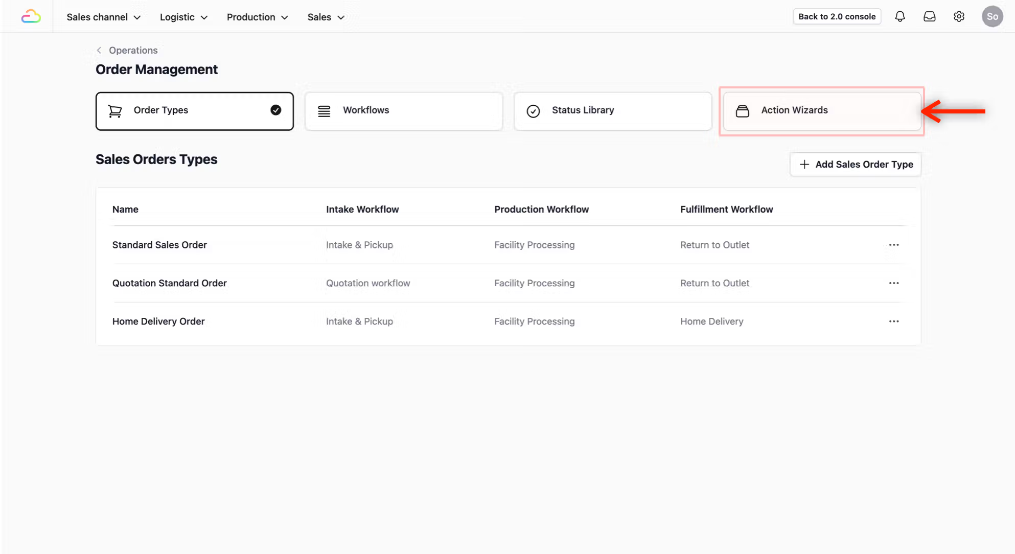 Click on the Action Wizards tab to start creating a new Line Item Entry (the steps to create a new line item in your sales order).