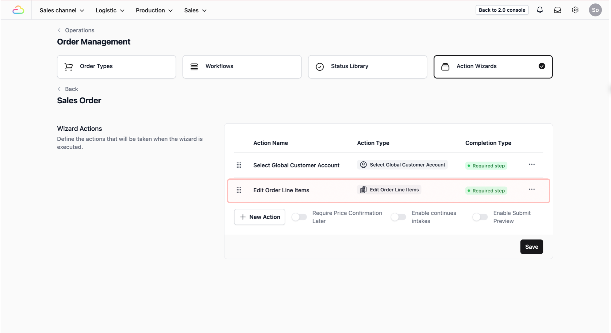 The new action will now show up in the table view.