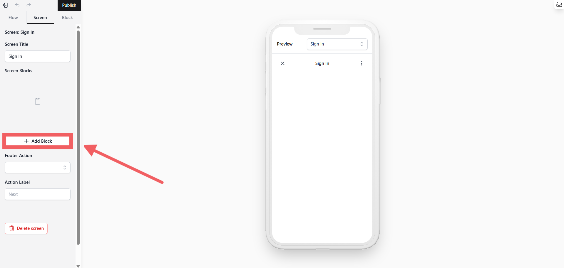 Now, design the form. Since this is a "Sign In" flow, you typically only need one identifier (like a Phone Number).