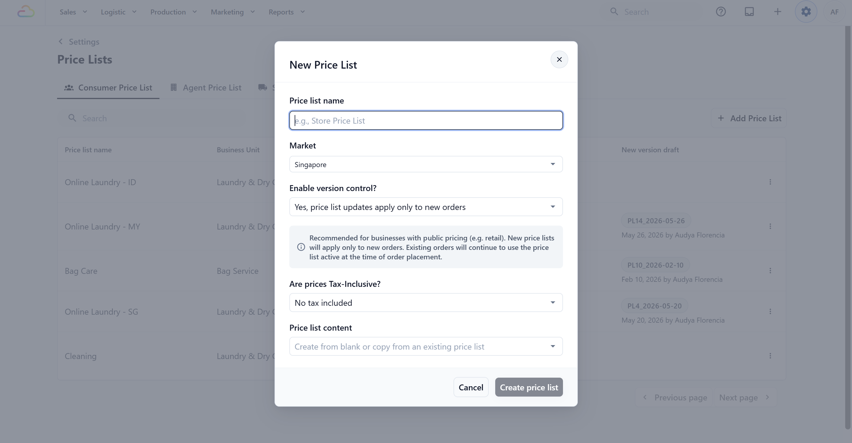 A modal titled New Price List opens. Fill in each field.