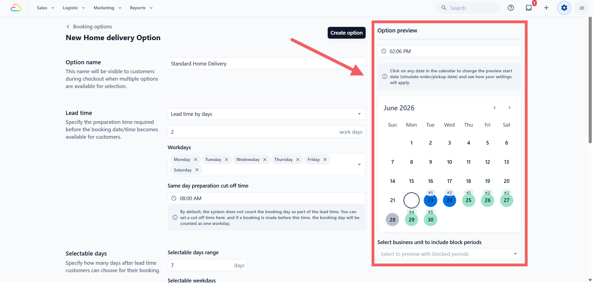 The right side of the edit page has a preview calendar with your selectable days shaded in. Use it to check how lead time, workdays, and selectable days combine before you assign the option.