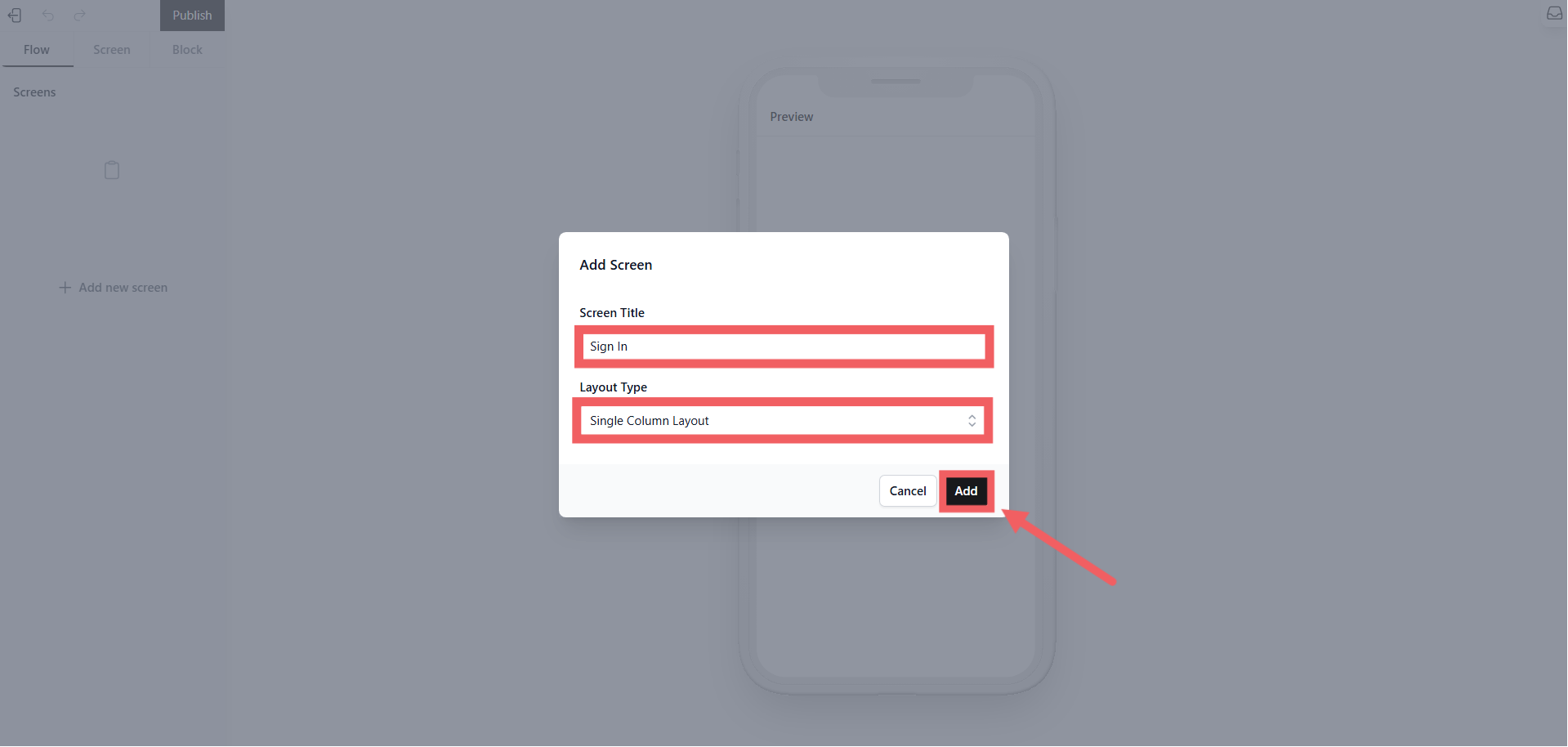 2. To add a page, click + Add New Screen on the left sidebar.