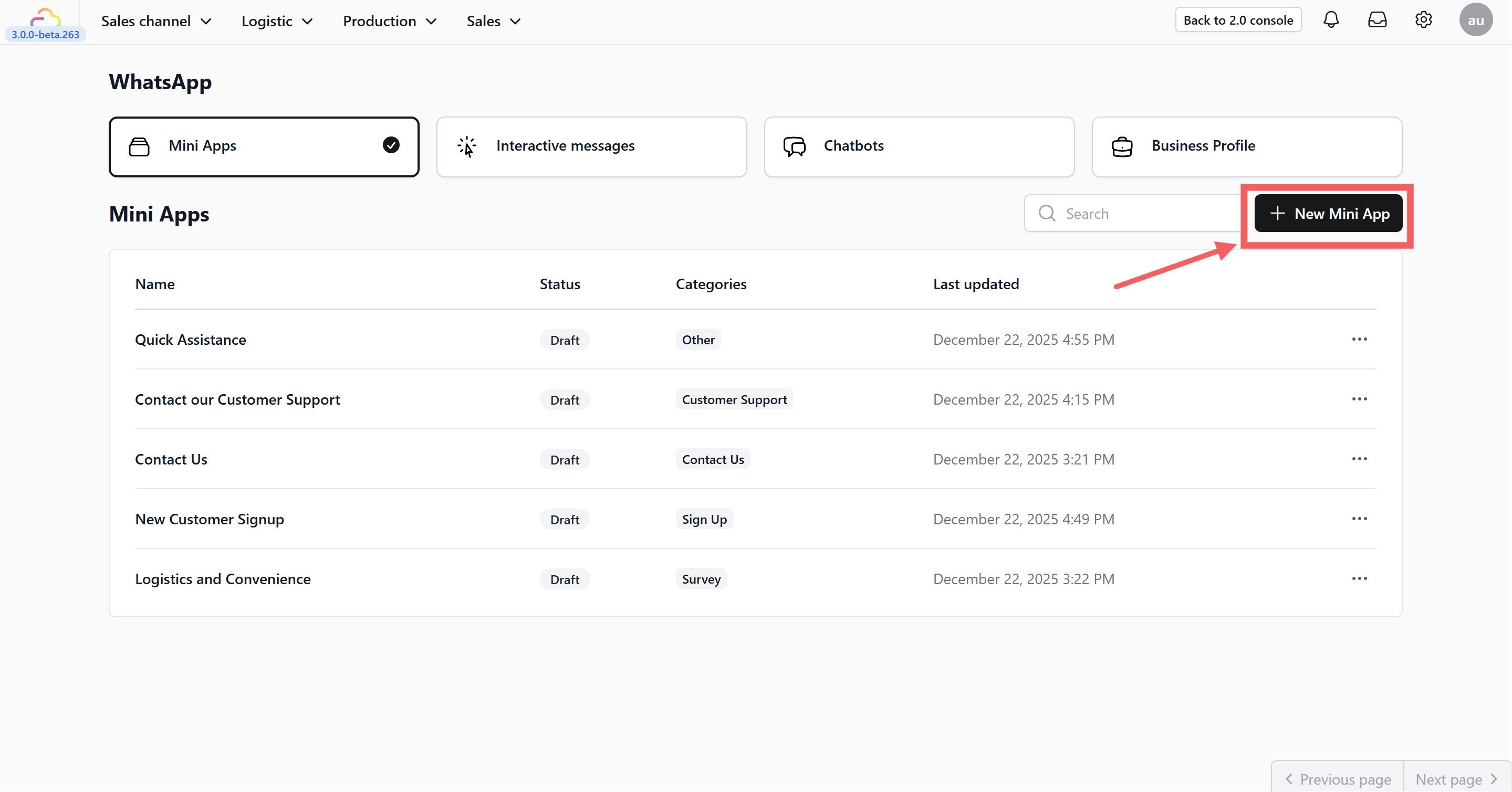 Navigate to Sales Channel > WhatsApp and select the Mini Apps tab.