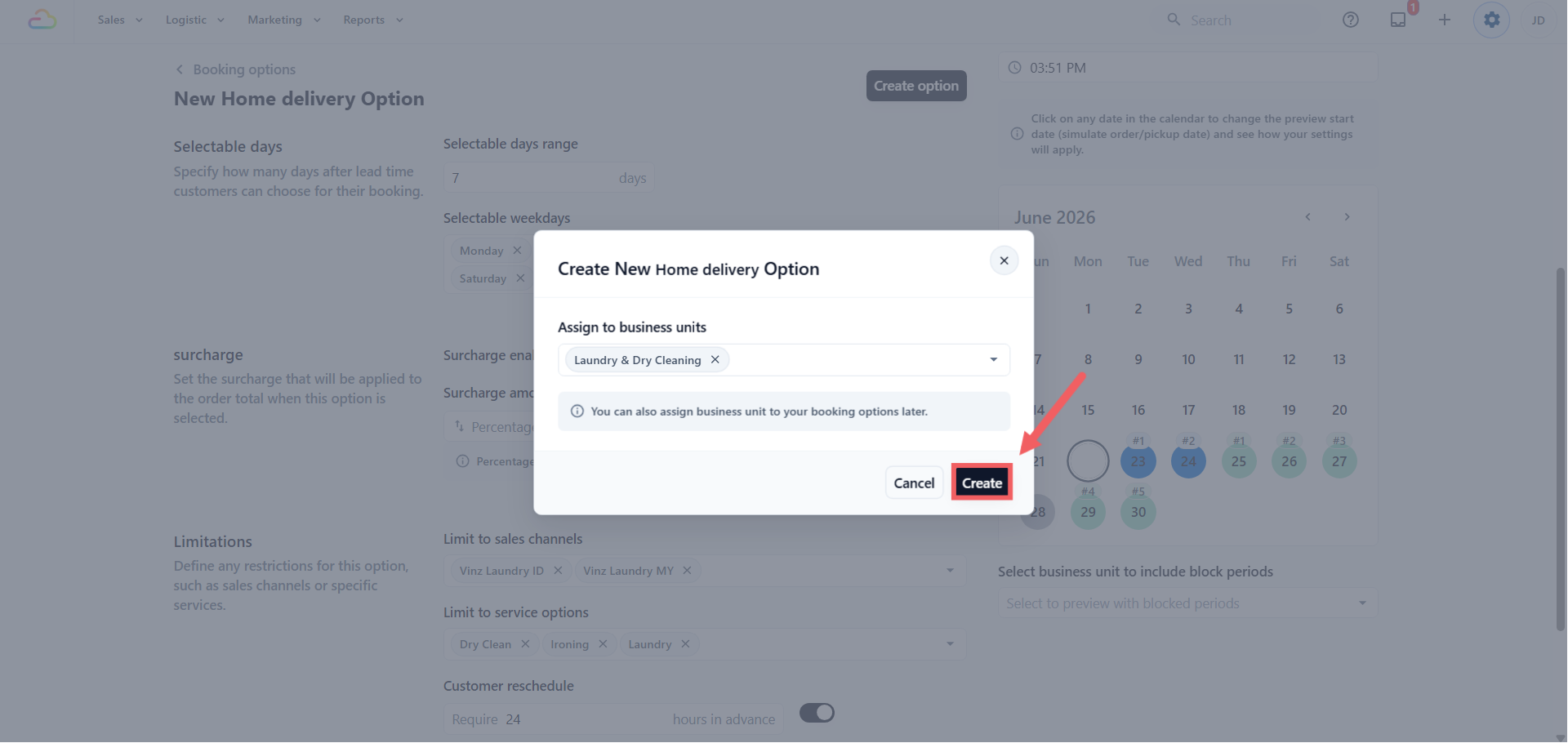 When you click Create option, a dialog asks which business units to assign the option to. You can pick one or more now and click Create, or close the dialog and assign later from the row menu.