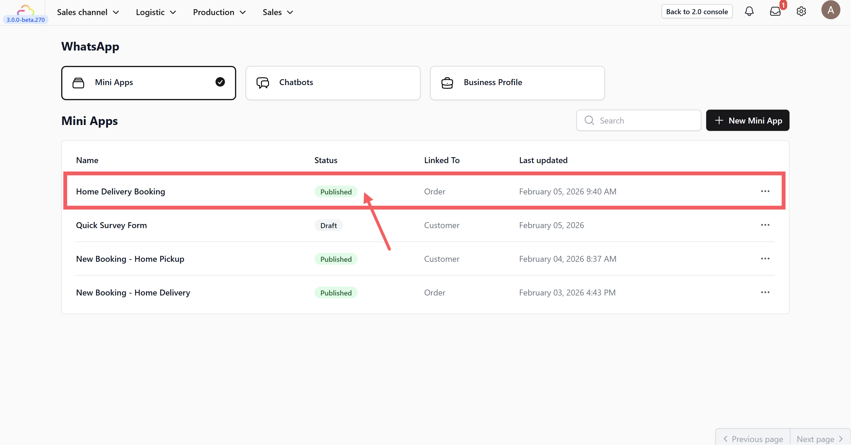 Look for your Mini App in the list. You should now see a status that says Published.