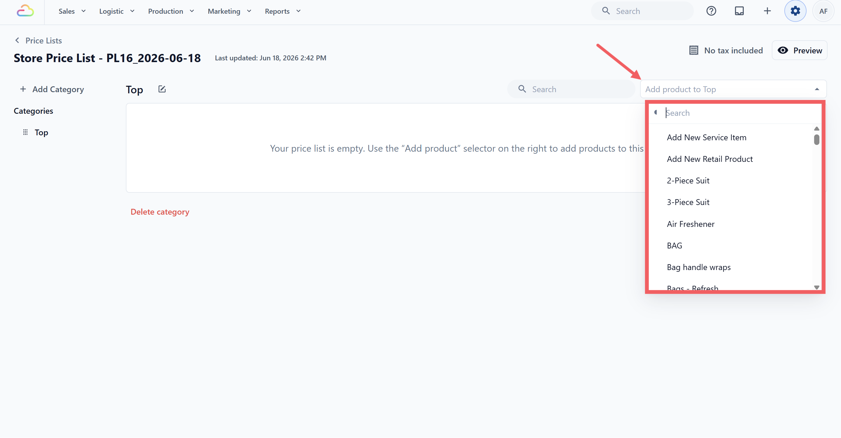 Use the Add product to {category} dropdown at the top right of the table. Search and pick an existing product, or click Add New Service Item or Add New Retail Product to create one on the spot.