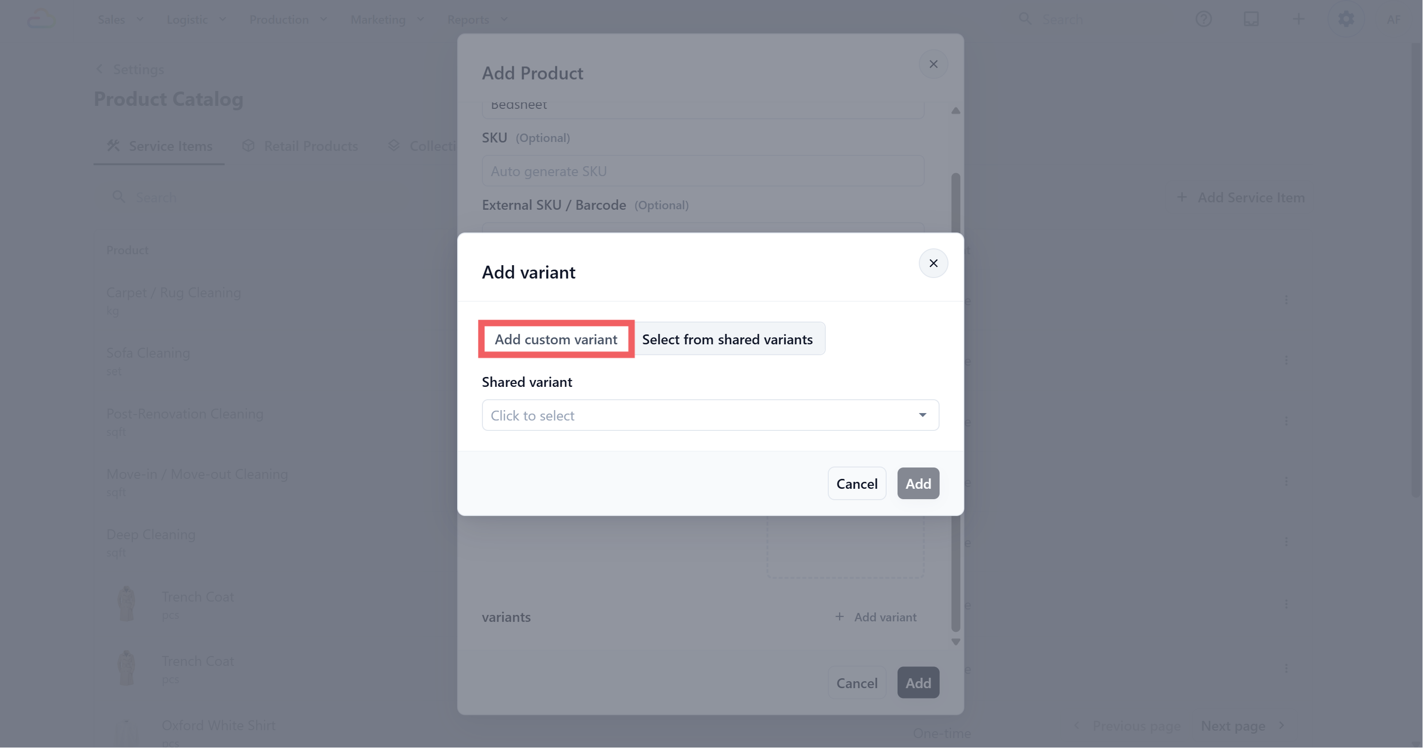 Choose Add Custom Variant.