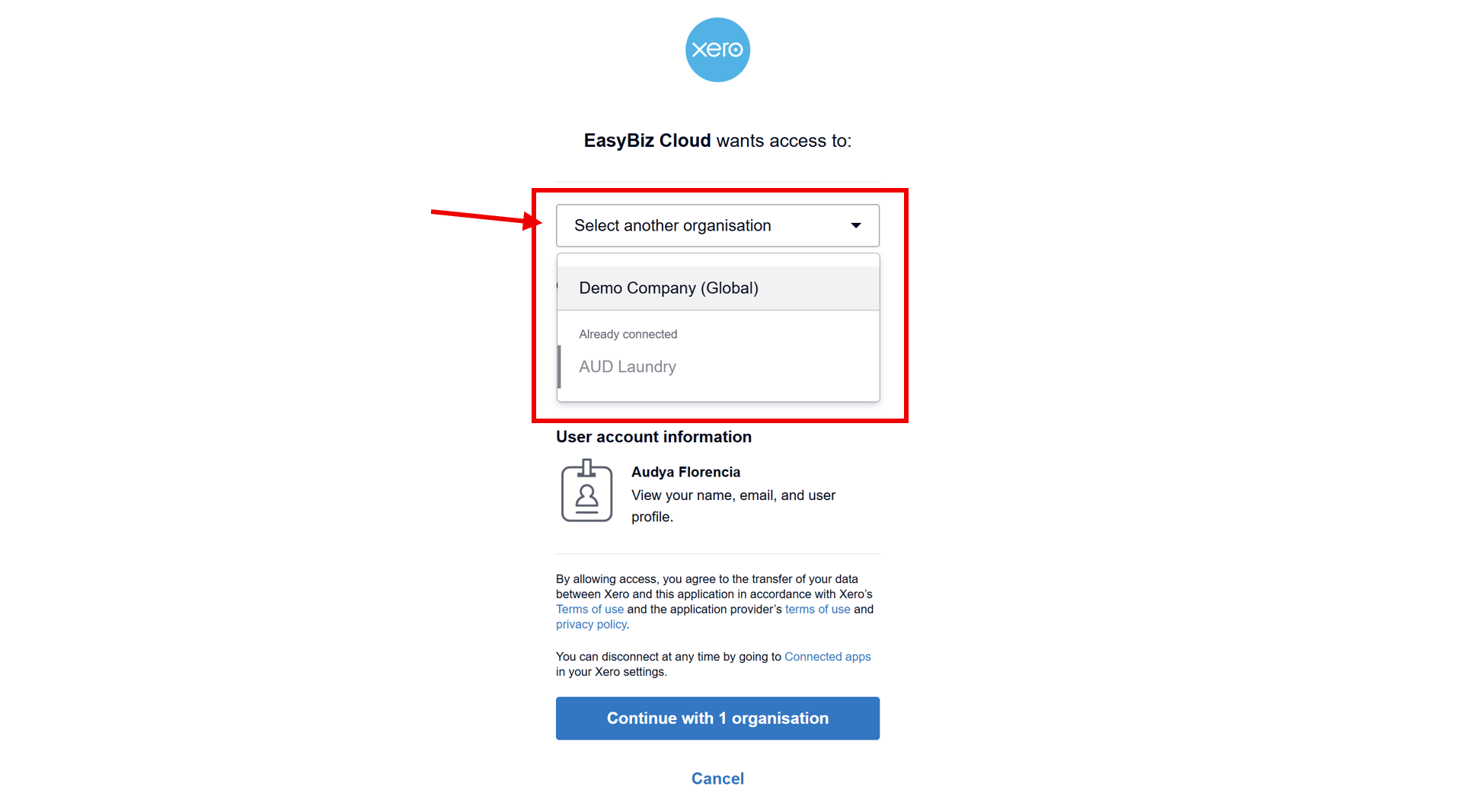 5. Select Organization: If you manage multiple businesses in Xero, you will be asked to select which organization you want to link. Choose the correct business and click Allow Access.