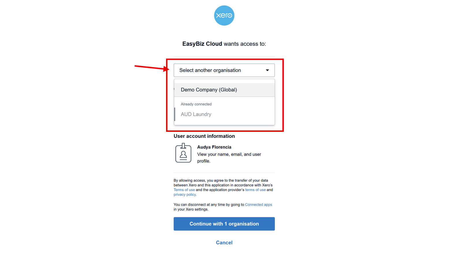 5. Select Organization: If you manage multiple businesses in Xero, you will be asked to select which organization you want to link. Choose the correct business and click Allow Access.