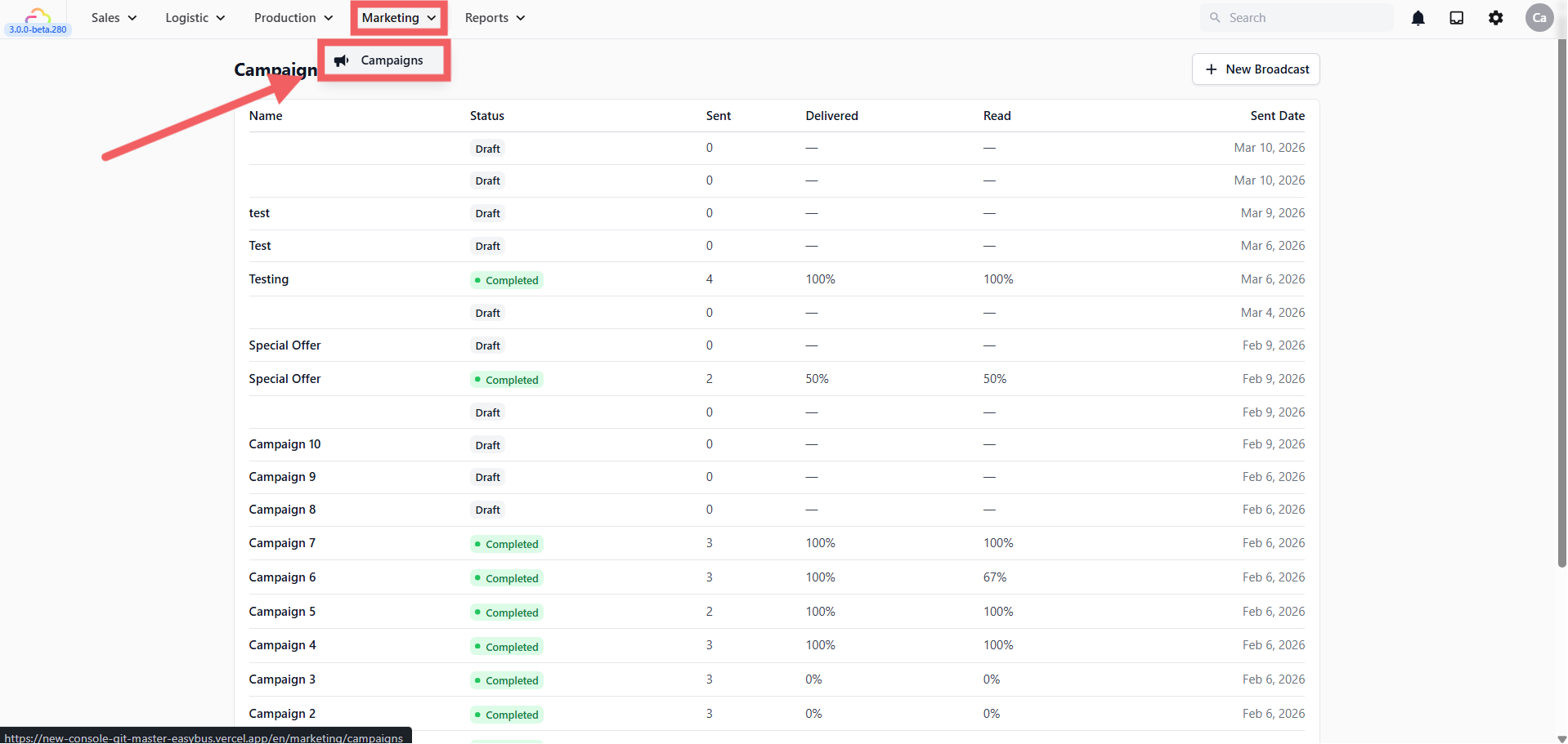 From the top navigation bar, click Marketing, then select Campaigns from the dropdown.