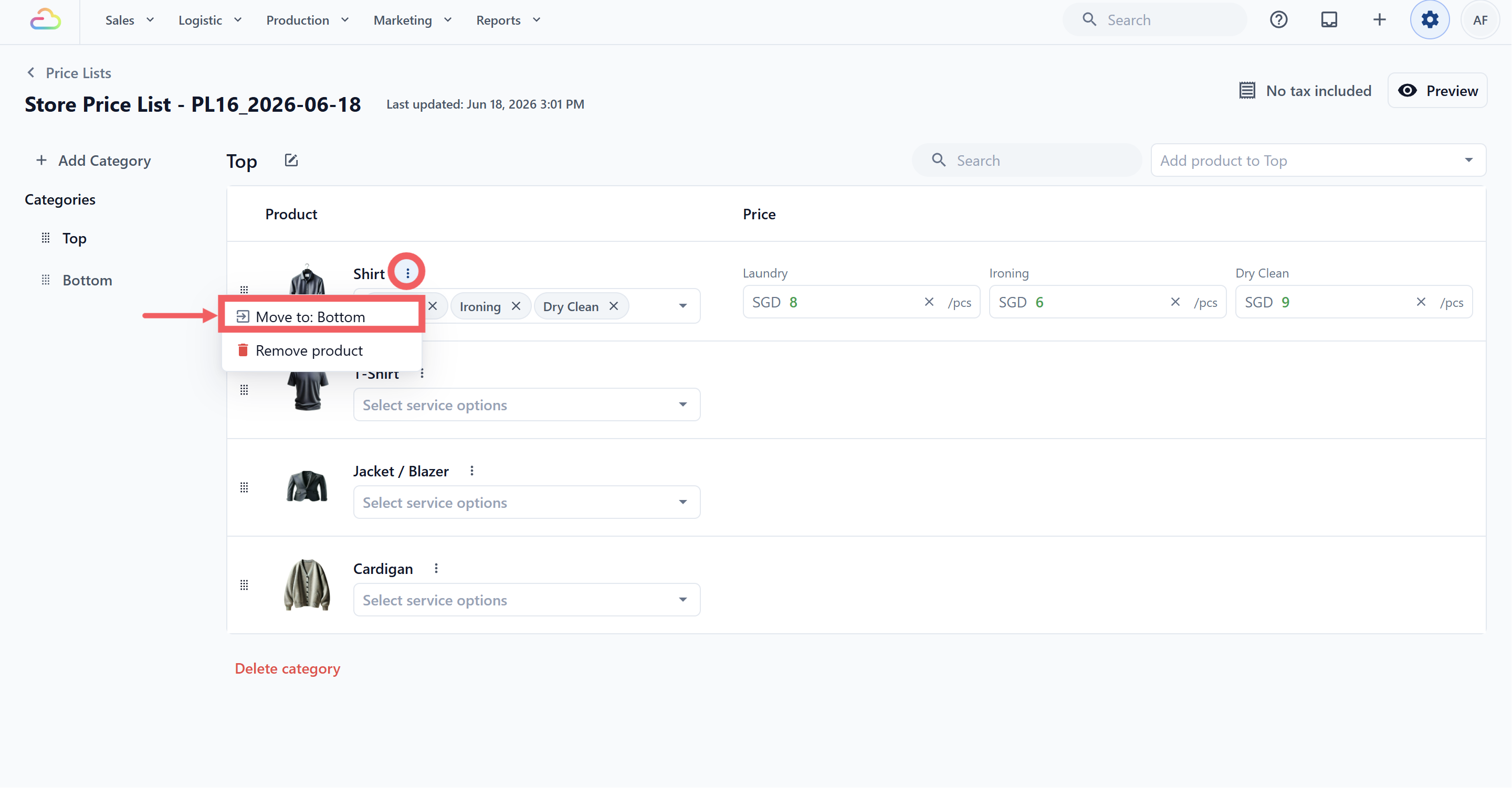 To move a product, click the three-dot menu next to its name and choose Move to a different category.