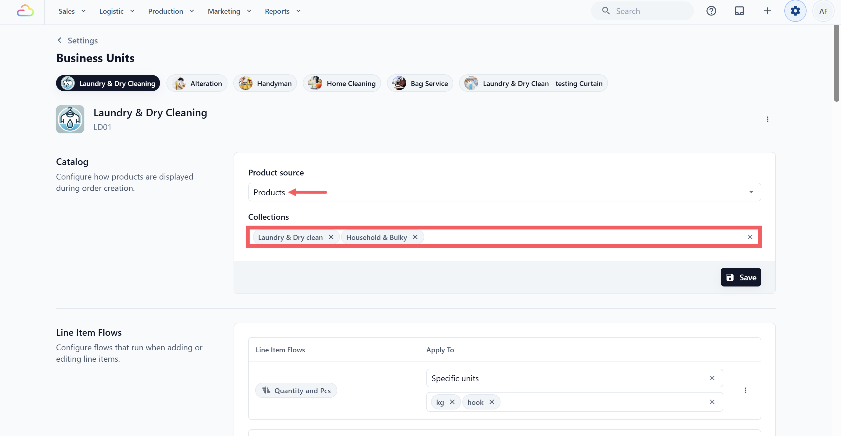 Collections only show up in the order screen when a business unit is set to use Product Catalog as its catalog source.