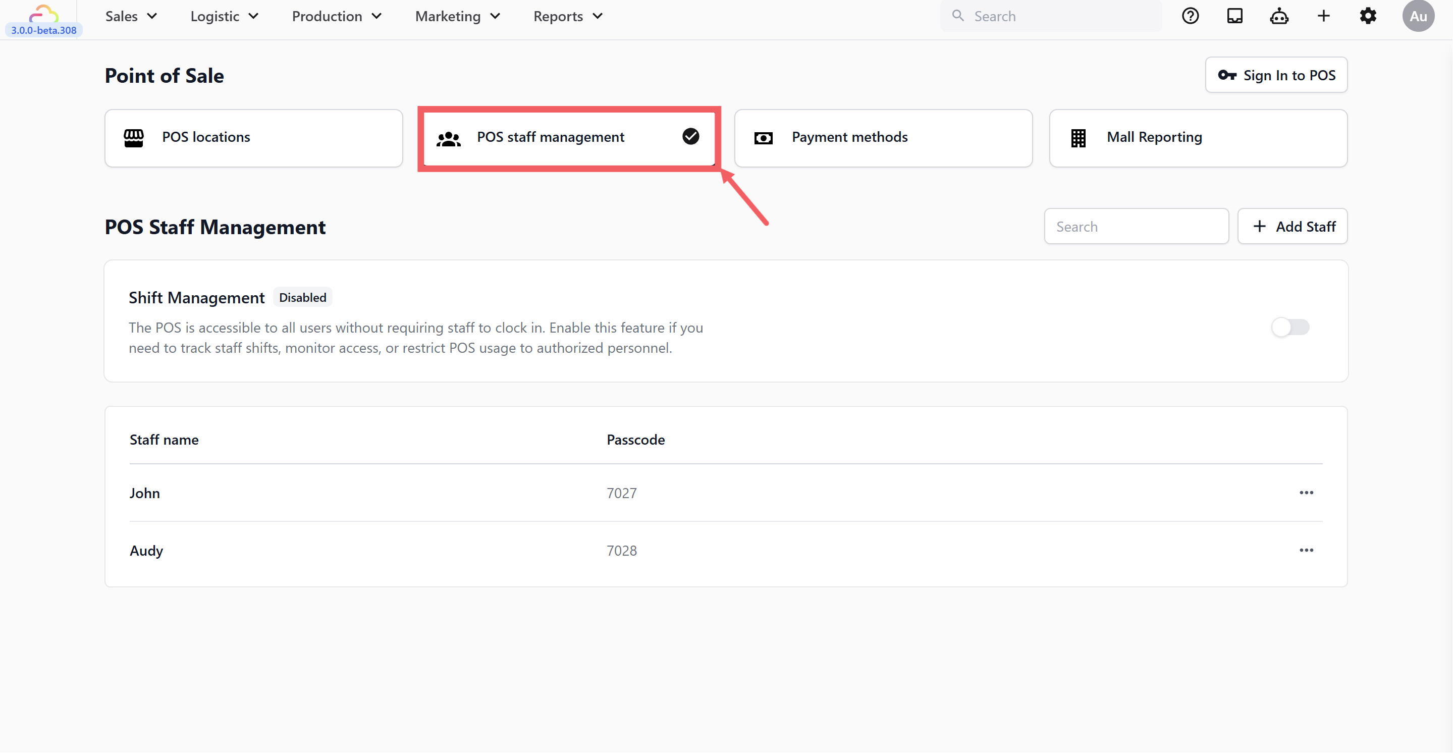Click the POS Staff Management tab