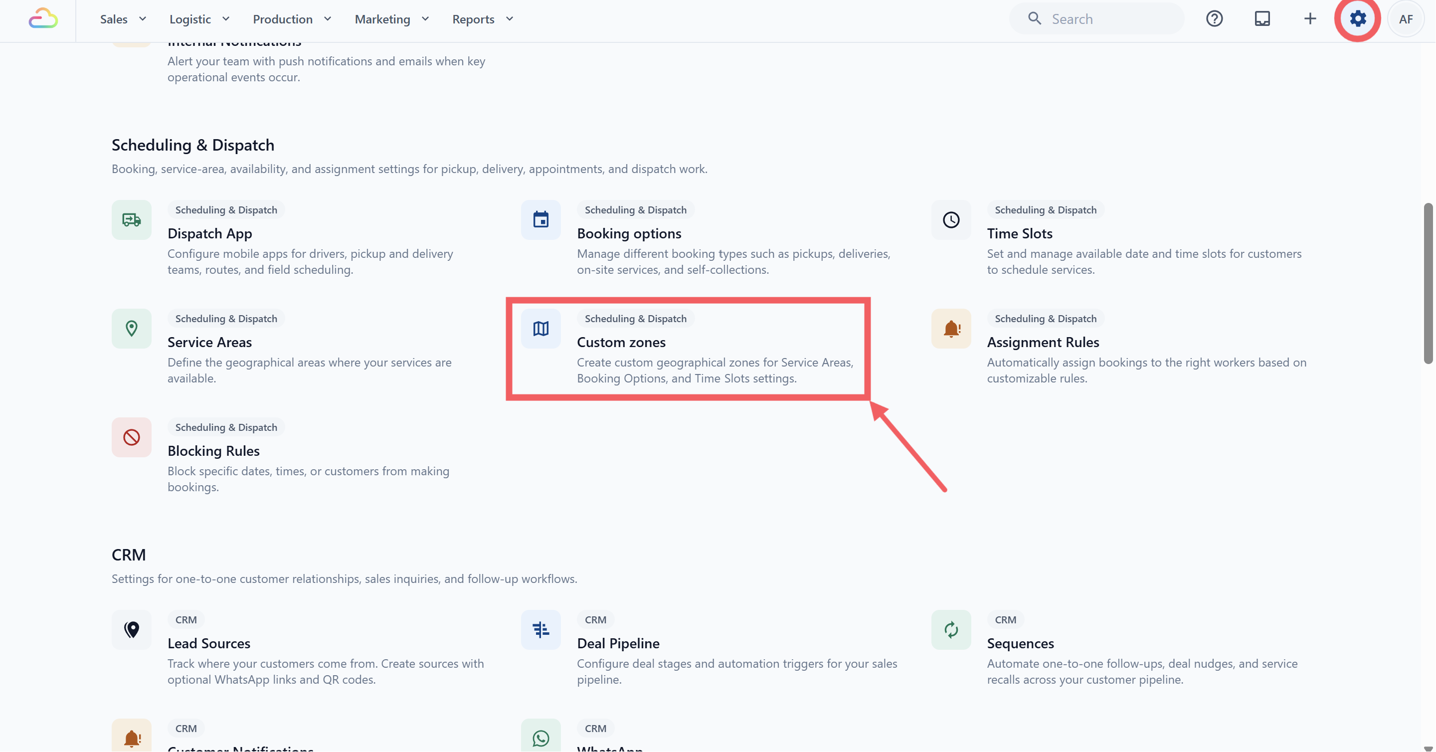 Under the Scheduling & Dispatch section, click Custom Zones.