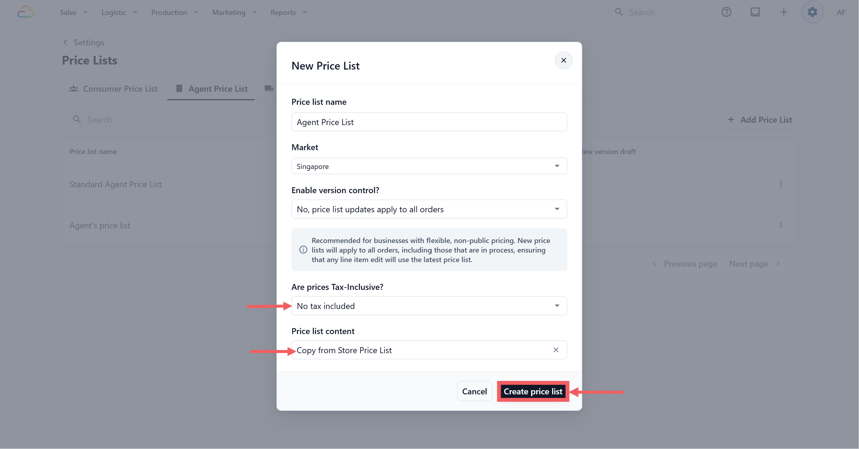 Click Create price list.